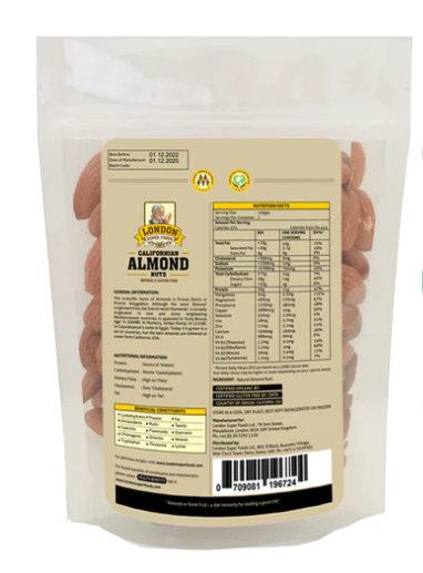 LONDON SUPER FOODS Californian Natural Almond Jumbo Nuts  20/22, 100g - Gluten Free