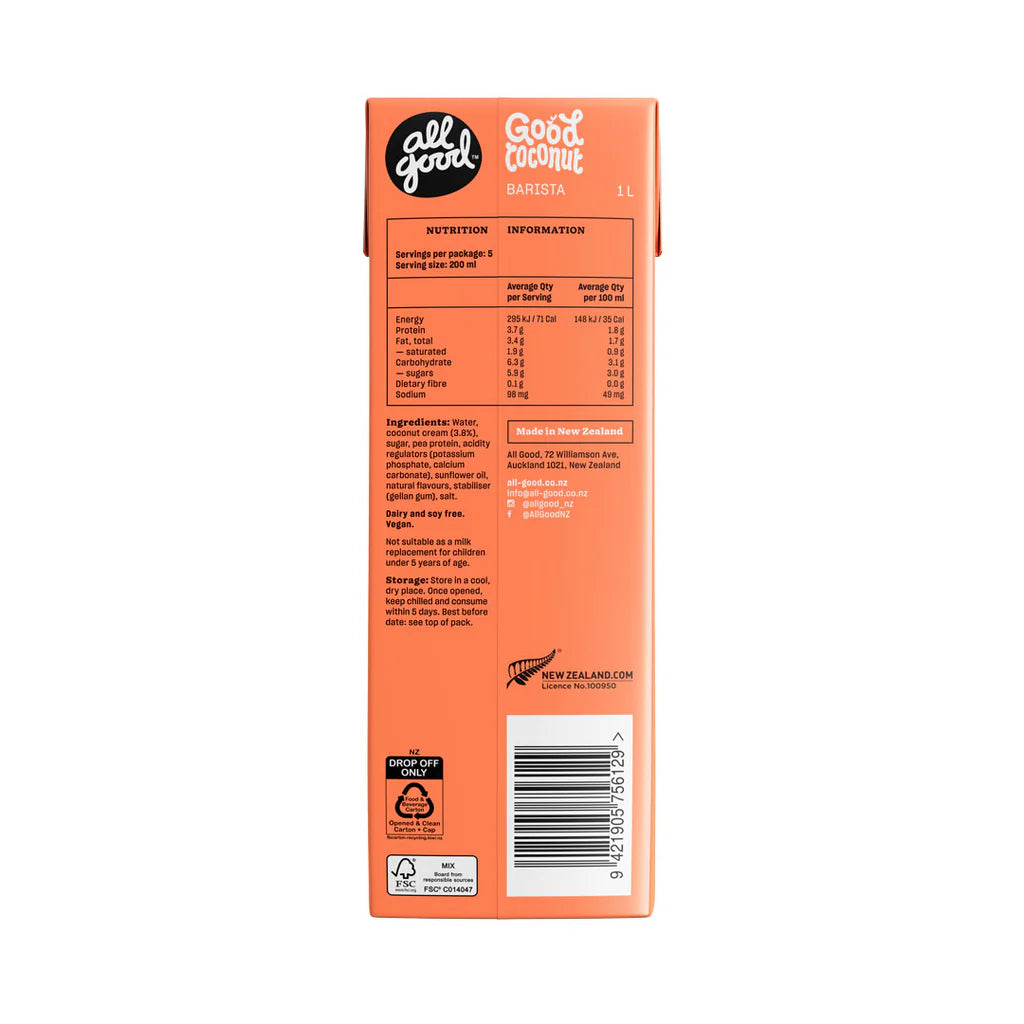 ALL GOOD Barista Coconut Milk, 1Ltr, Pack of 6