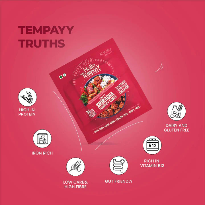 HELLO TEMPEYY Simply Sriracha Tempeh Cubes, 200g - Vegan, Gluten Free