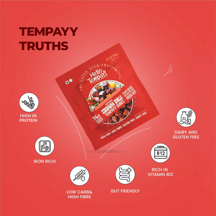 HELLO TEMPEYY Peppery Szechuan Chilli Tempeh Cubes, 200g - Vegan, Gluten Free