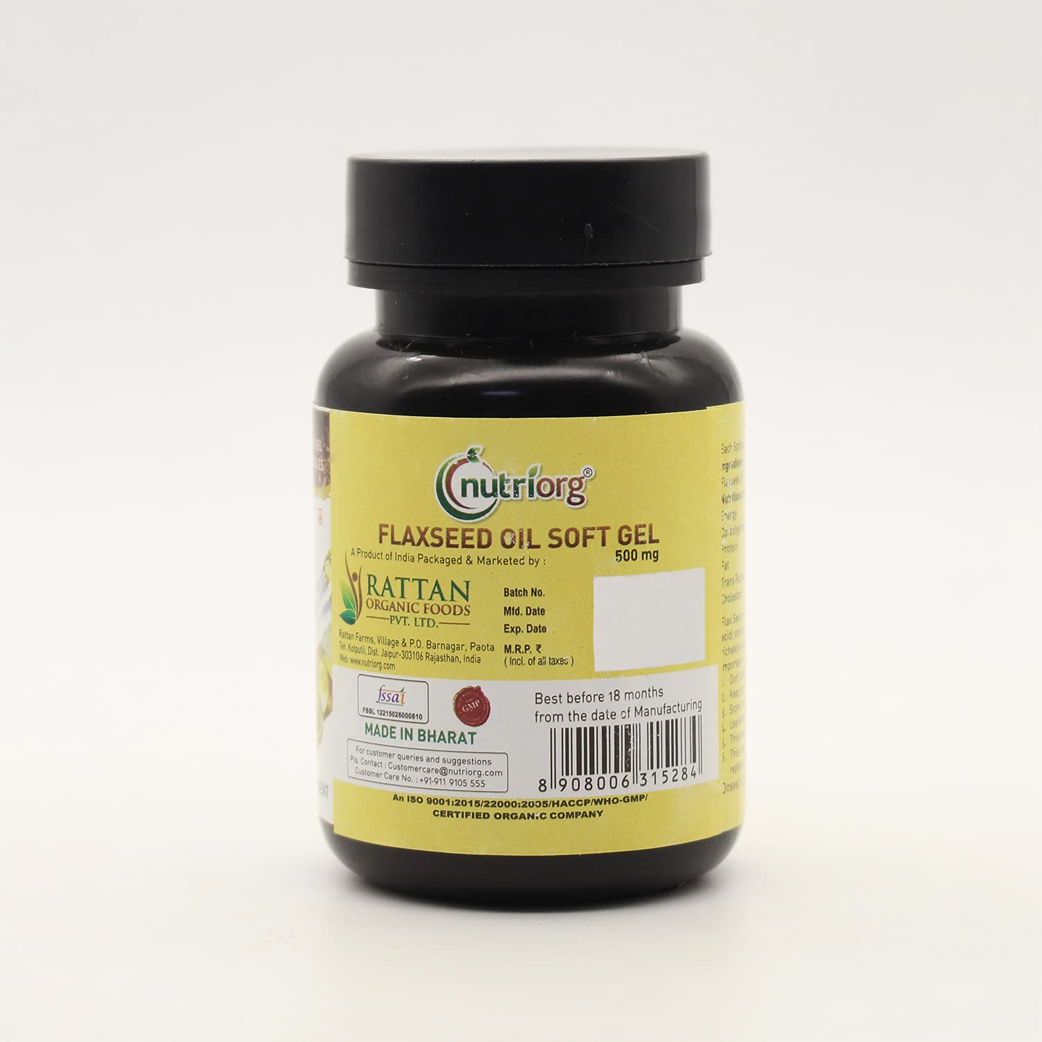 NUTRIORG Flaxseed Oil Soft Gel 60 Capsules Bottle, 500Mg