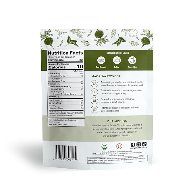 ORGANIC TRADITIONS Maca X-6 Powder, 150g - Organic, Gluten Free, Non GMO, Sugar Free