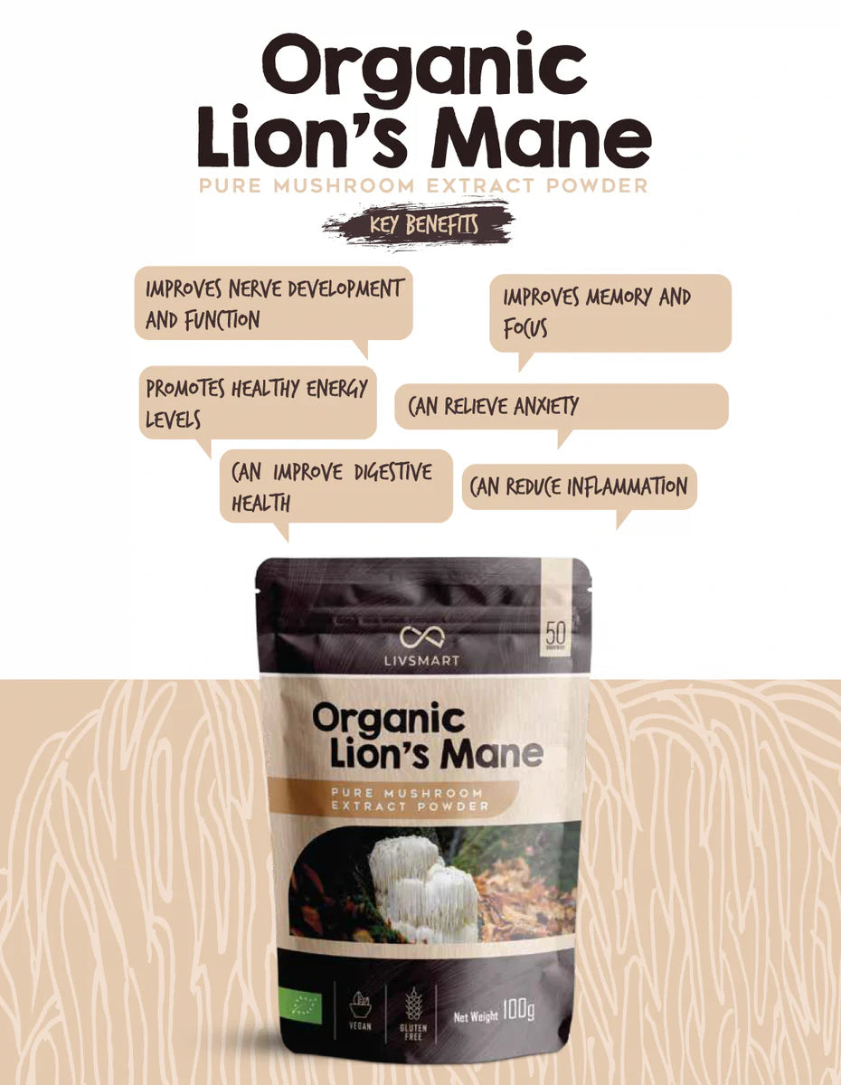 LIVSMART Organic Lion's Mane, Pure Mushroom Extract Powder, 100g - Organic, Vegan, Gluten Free