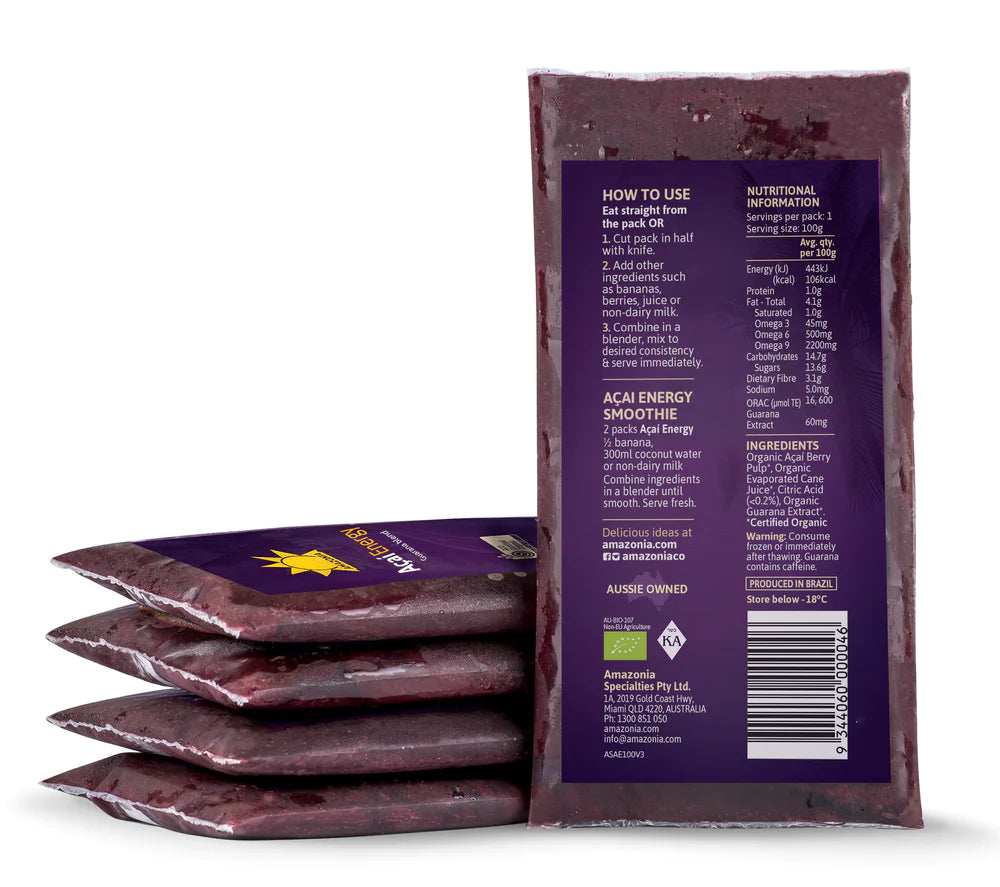 AMAZONIA Organic Acai Energy Guarana Blend Smoothies, 6Kg - Pack of 60, GMO Free, Gluten Free, Vegan