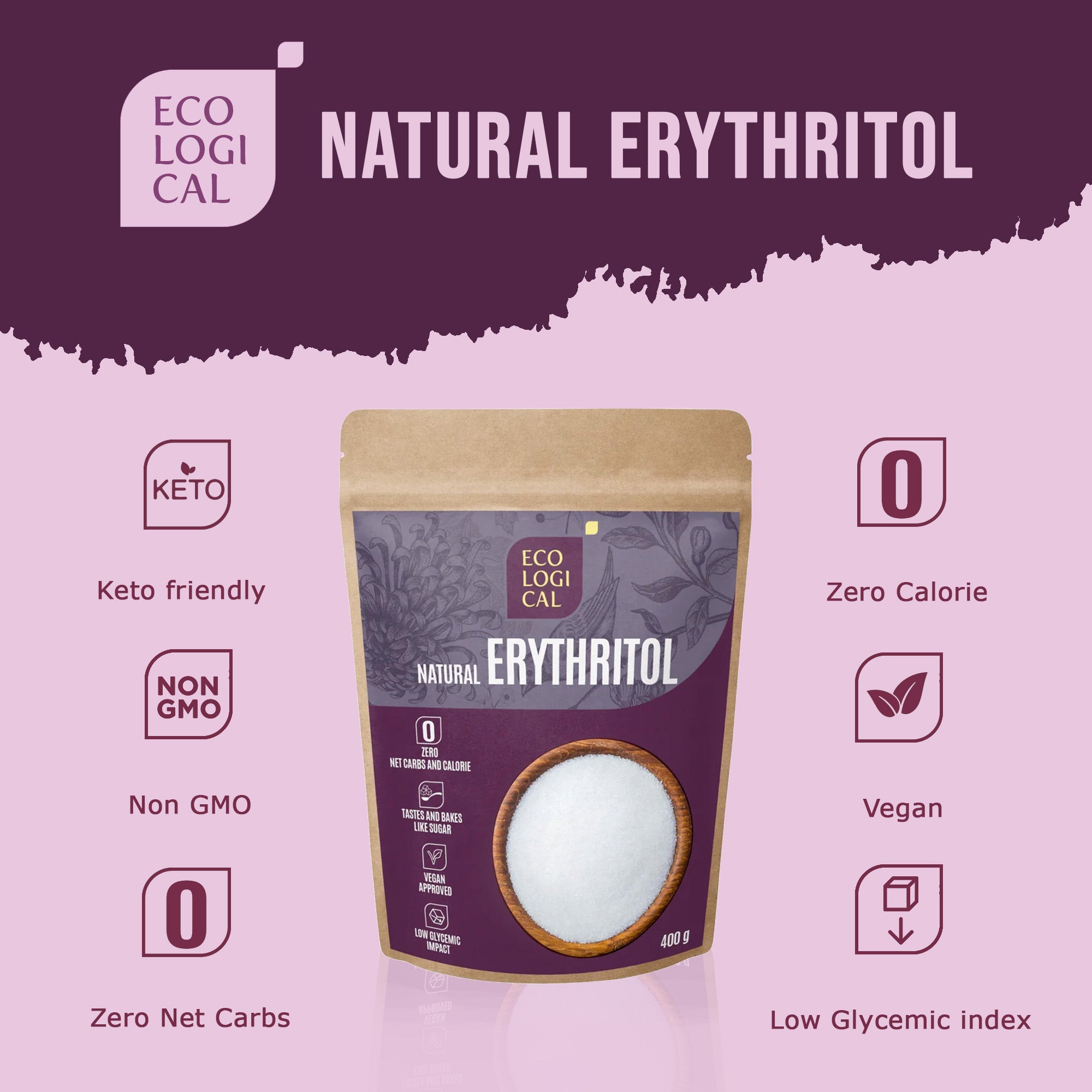 Pure ECOLOGICAL Natural Erythritol, 400g - Zero-Calorie Sweetener for Health-Conscious Living