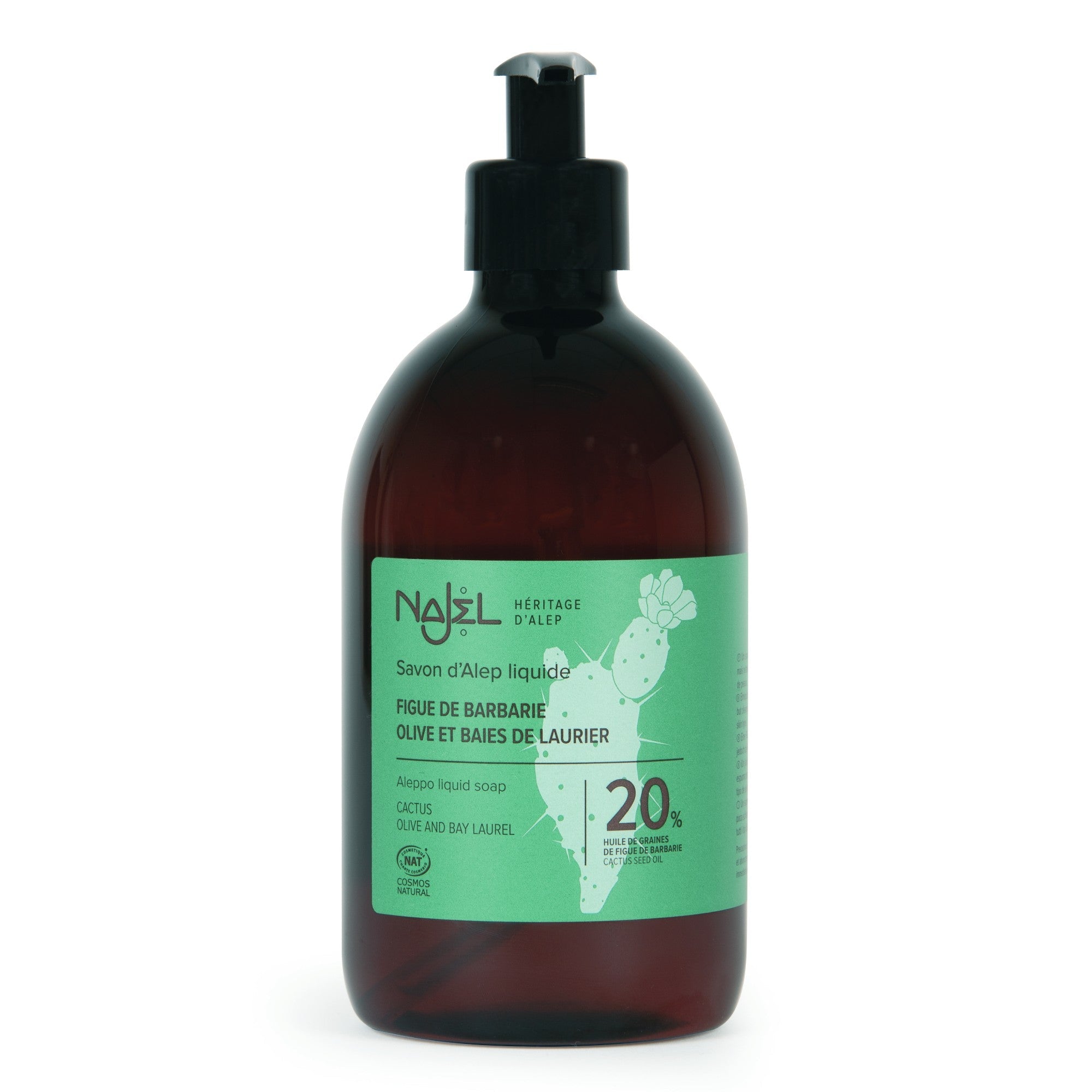 NAJEL Organic Skincare - Aleppo Liquid Soap Cactus Seeds Oil 20%, 500ml, Organic, Vegan