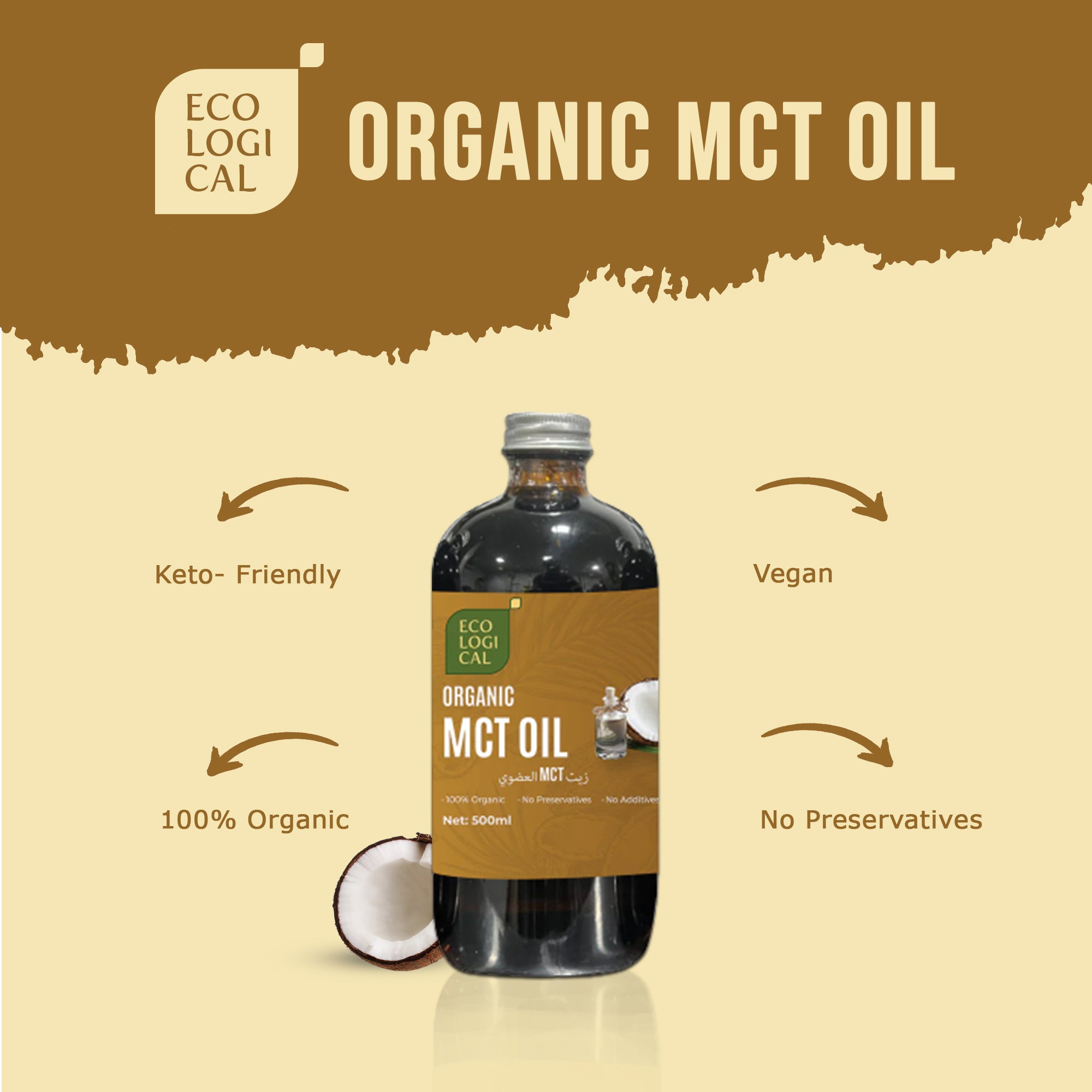 ECOLOGICAL Organic MCT Oil - Premium 500ml for Clean Energy and Wellness