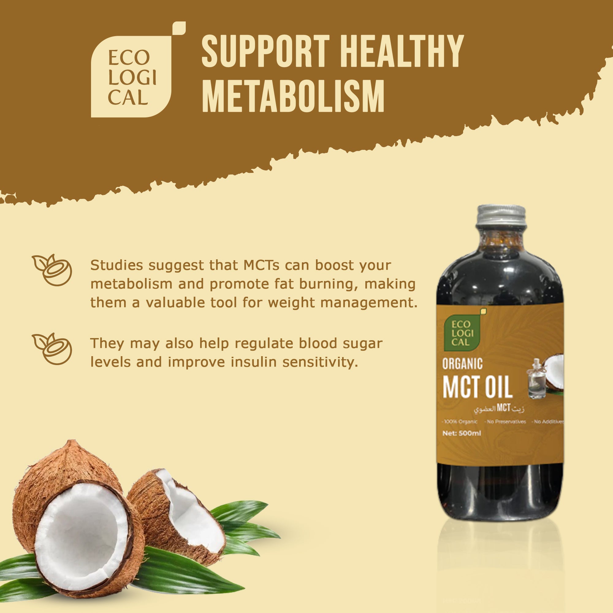 ECOLOGICAL Organic MCT Oil - Premium 500ml for Clean Energy and Wellness