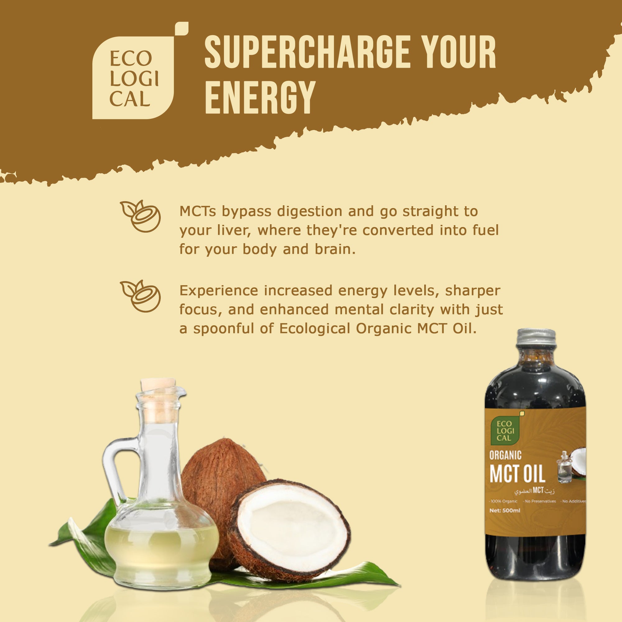 ECOLOGICAL Organic MCT Oil - Premium 500ml for Clean Energy and Wellness