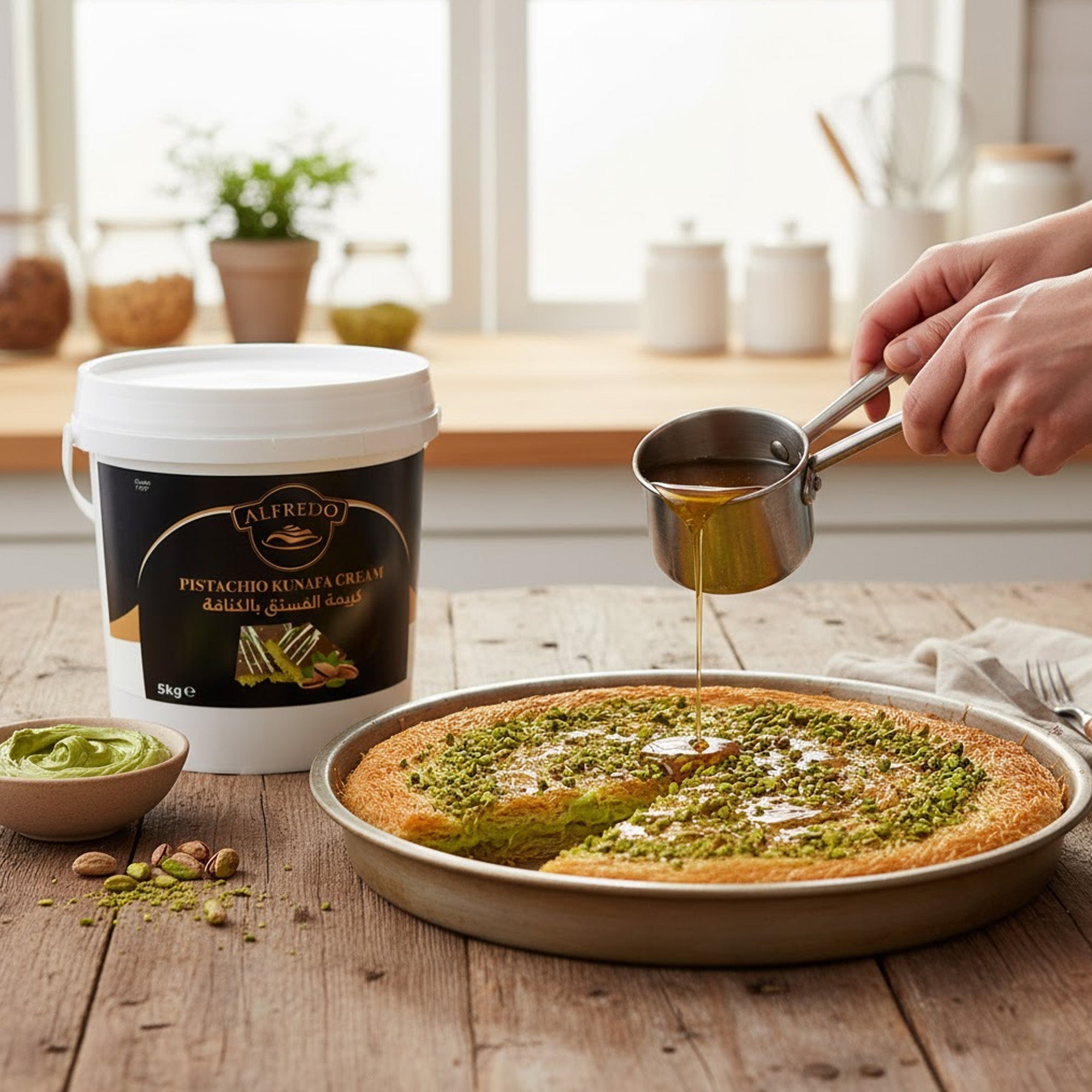 BAKING ESSENTIALS ALFREDO Pistachio Kunafa Cream, 5 kg