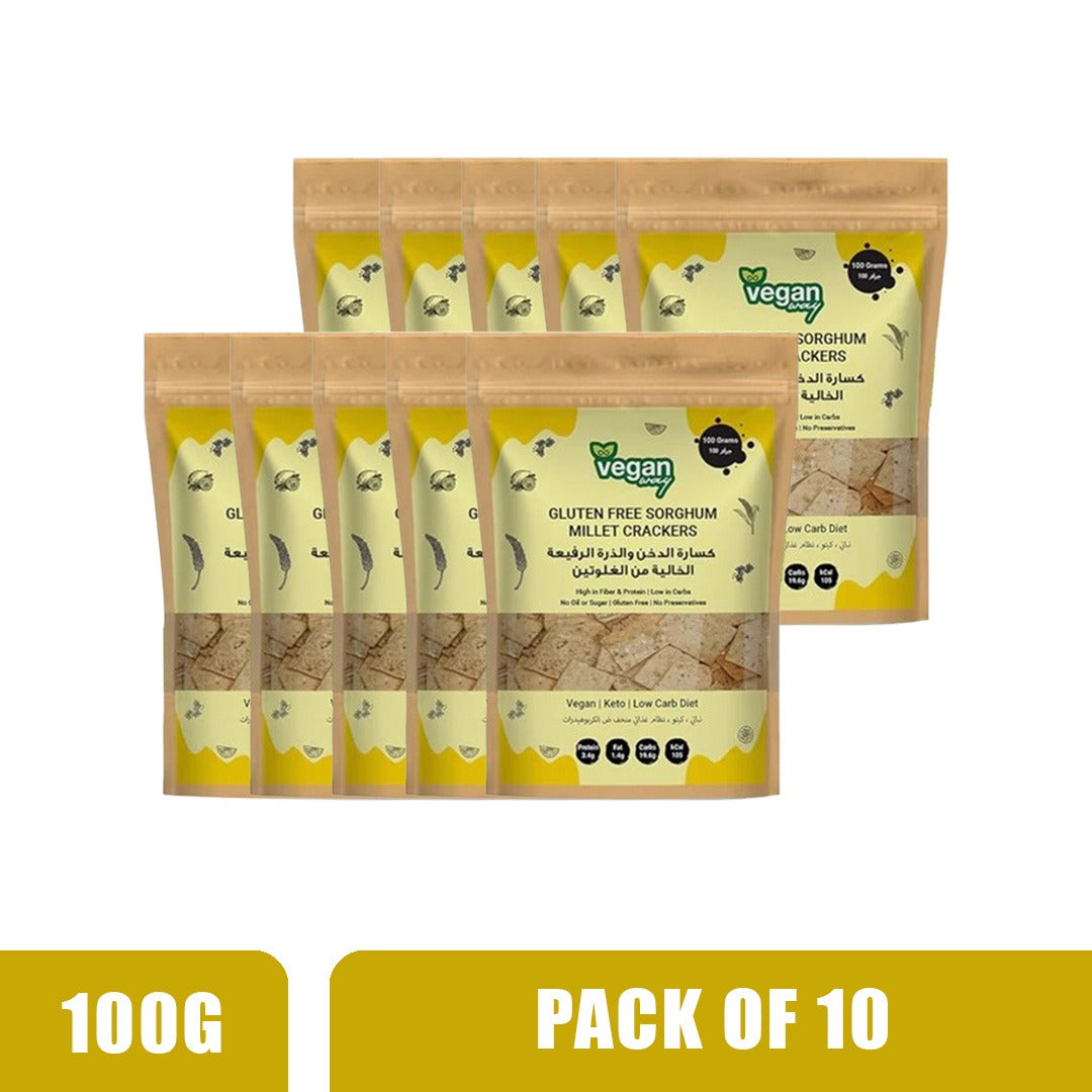 VEGAN WAY Sorghum Millet Crackers - Vegan, Gluten Free, Sugar Free - Pack of 10 (100g each)