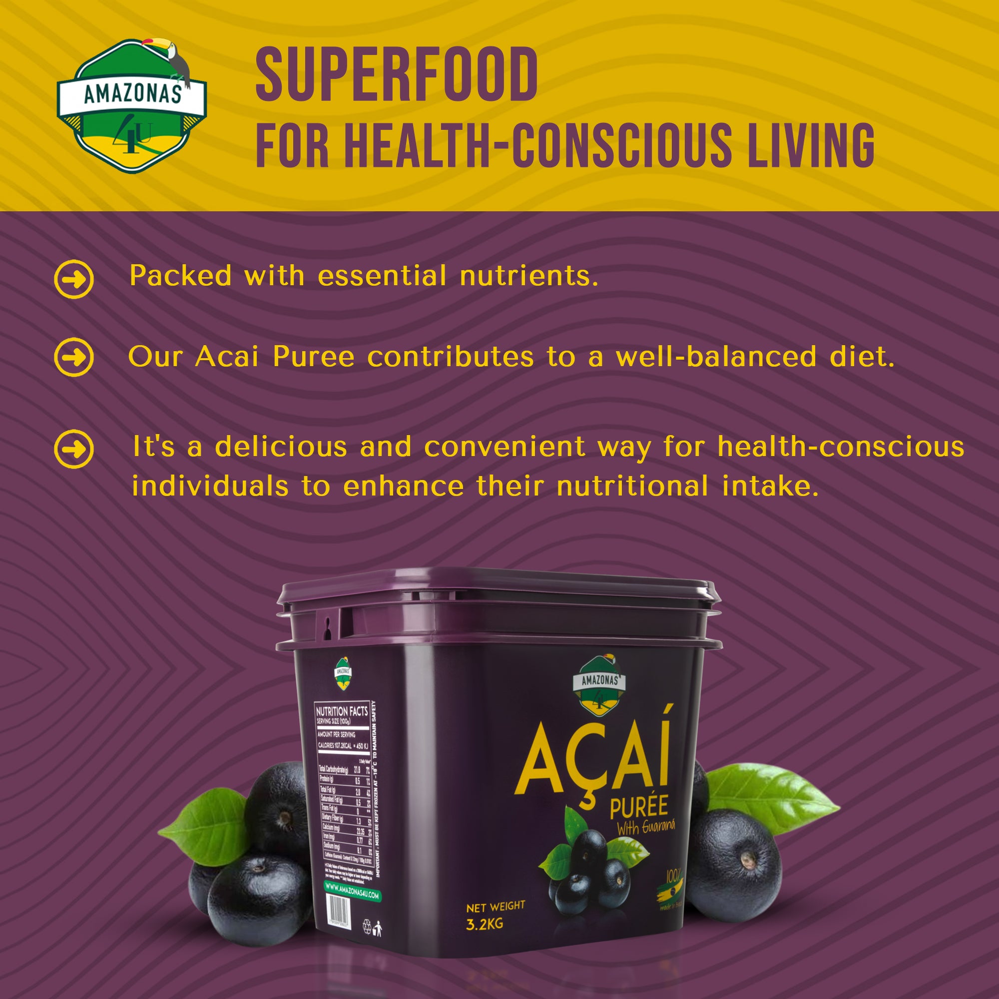 AMAZONAS4U Acai Puree with Guarana - 3.2kg Tub | Frozen Superfood Blend for Health-Conscious Living