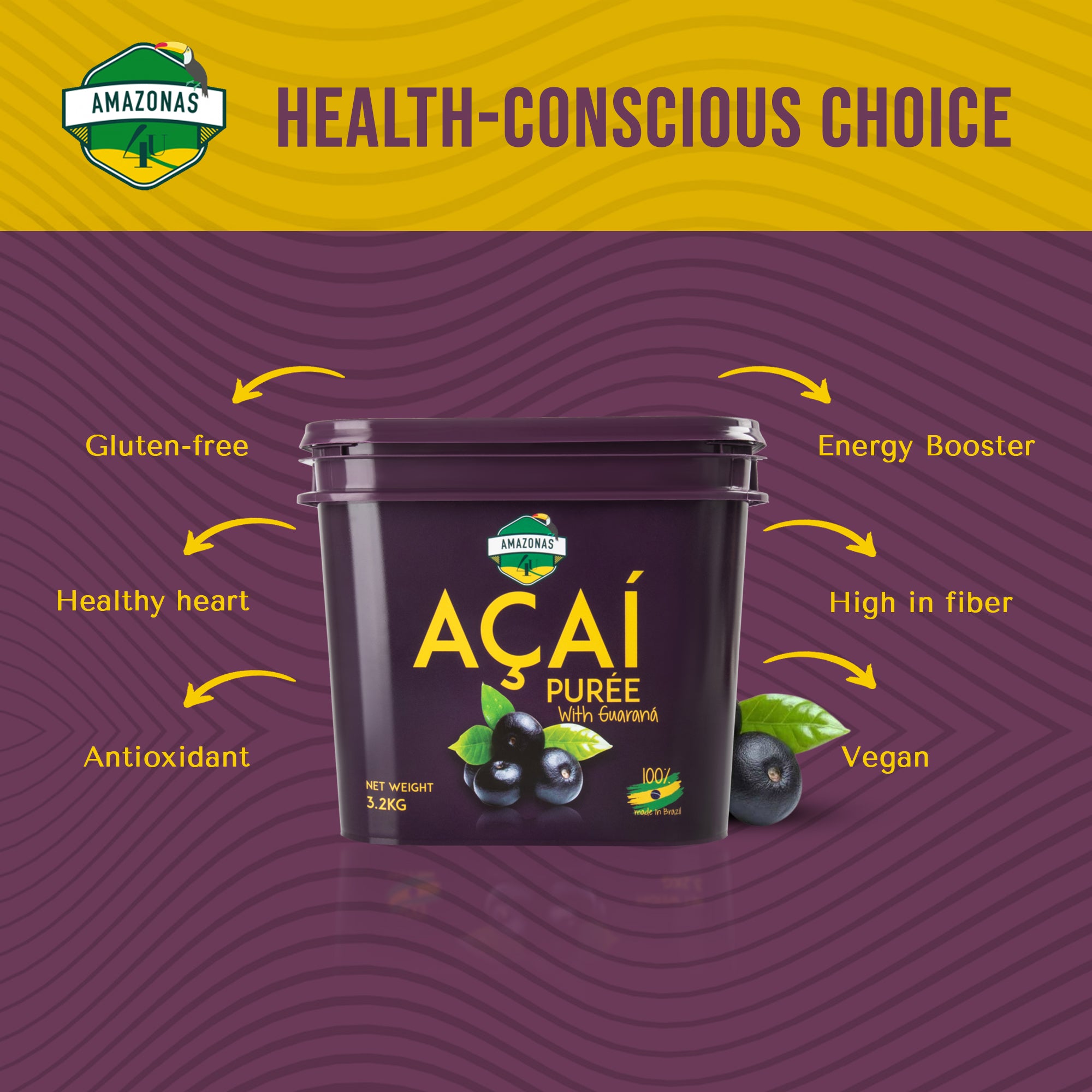 AMAZONAS4U Acai Puree with Guarana - 3.2kg Tub | Frozen Superfood Blend for Health-Conscious Living