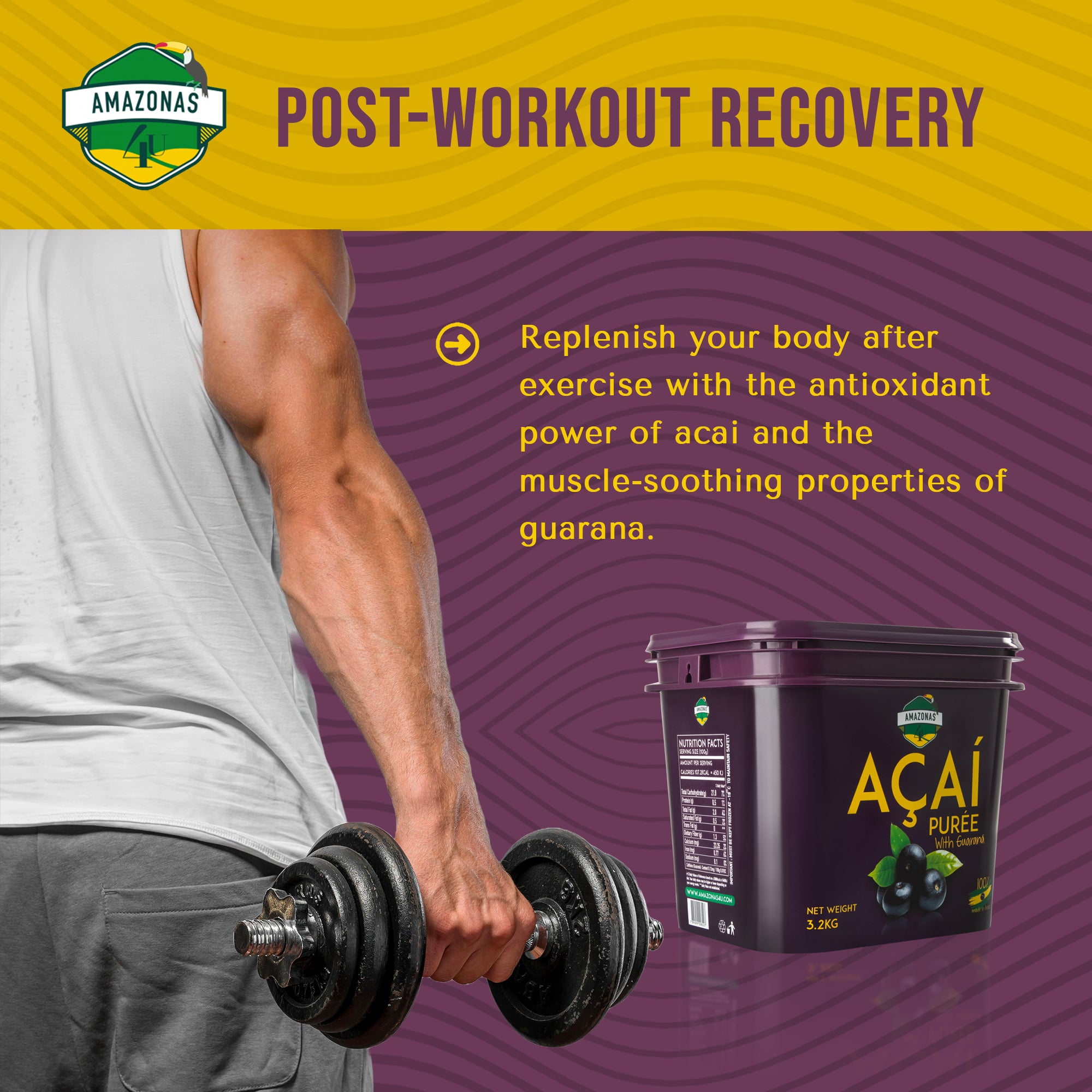 AMAZONAS4U Acai Puree with Guarana - 3.2kg Tub | Frozen Superfood Blend for Health-Conscious Living