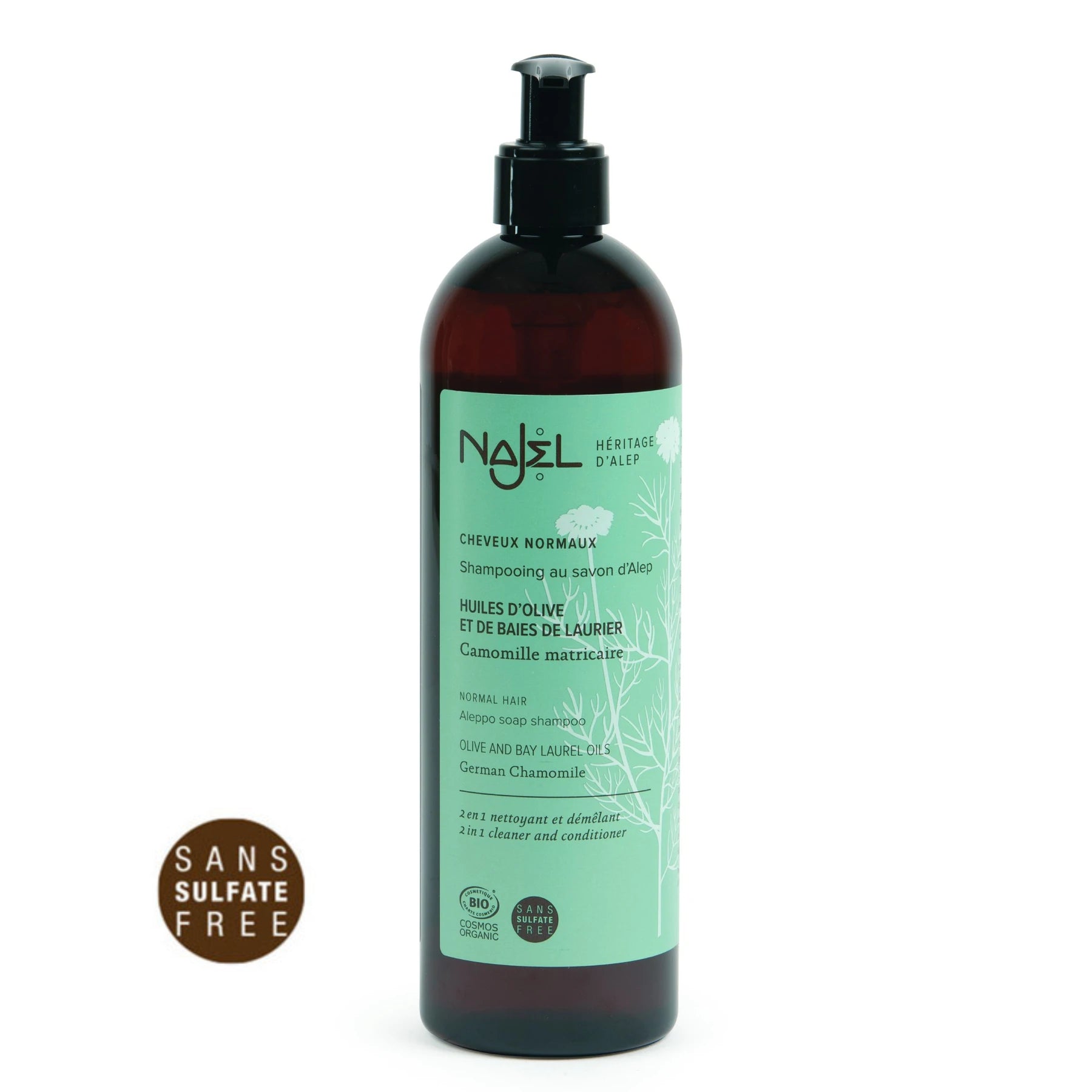 NAJEL Organic Skincare - Aleppo Soap Shampoo Normal Hair, 500ml, Organic, Vegan, Sulfate-free, Paraben-free