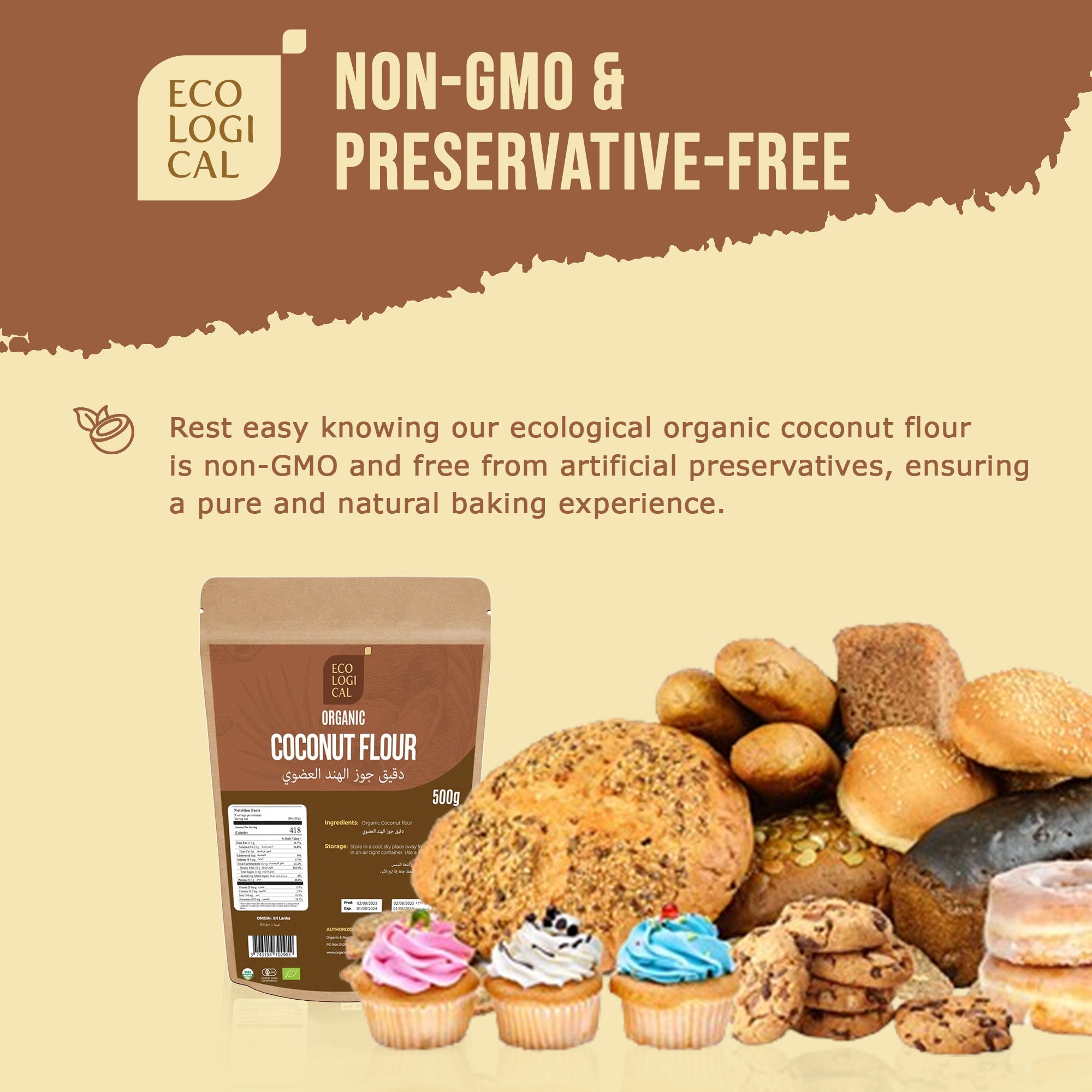 ECOLOGICAL Organic Coconut Flour, 500g - Gluten Free & Versatile for Healthy Baking