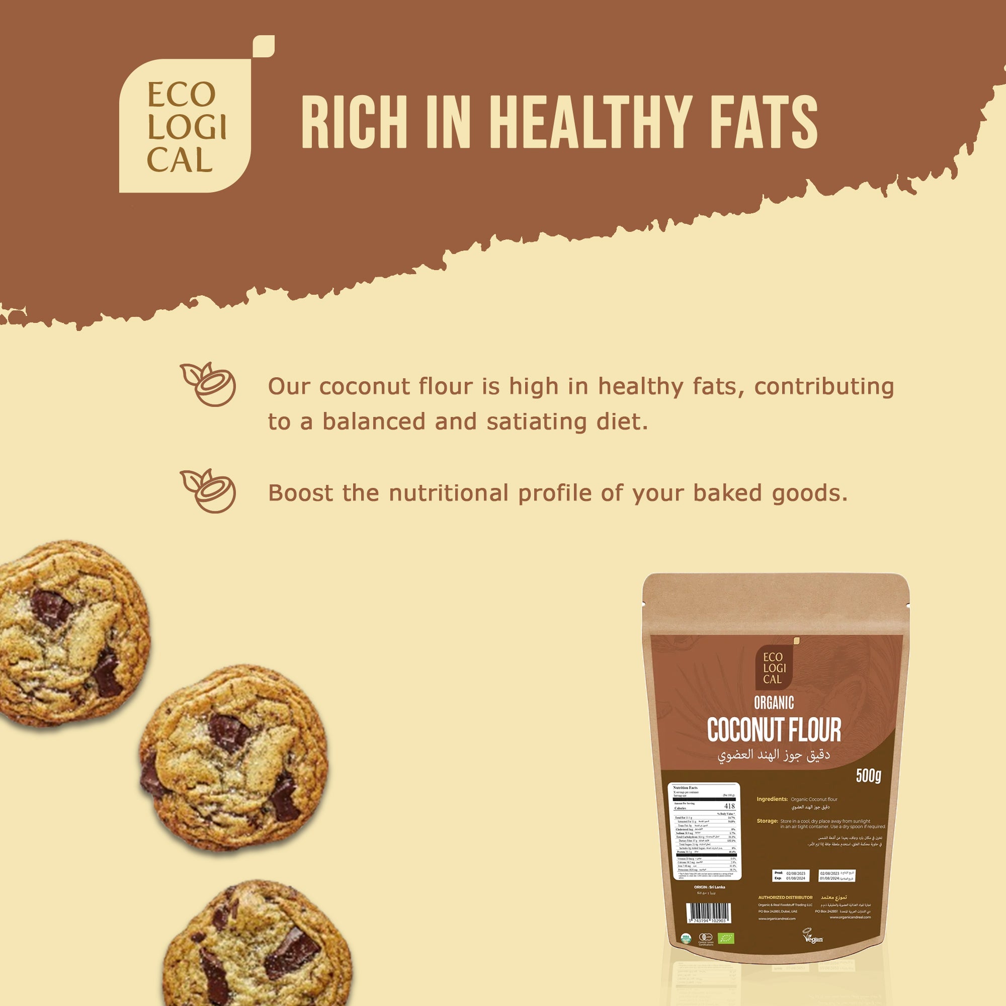 ECOLOGICAL Organic Coconut Flour, 500g - Gluten Free & Versatile for Healthy Baking