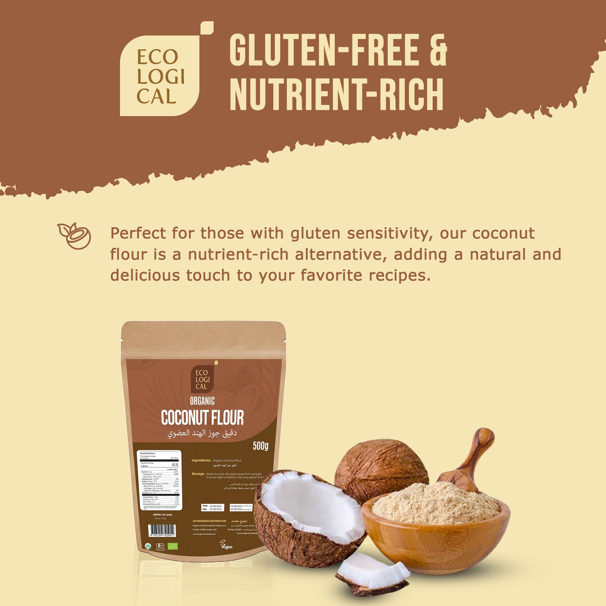 ECOLOGICAL Organic Coconut Flour, 500g - Gluten Free & Versatile for Healthy Baking