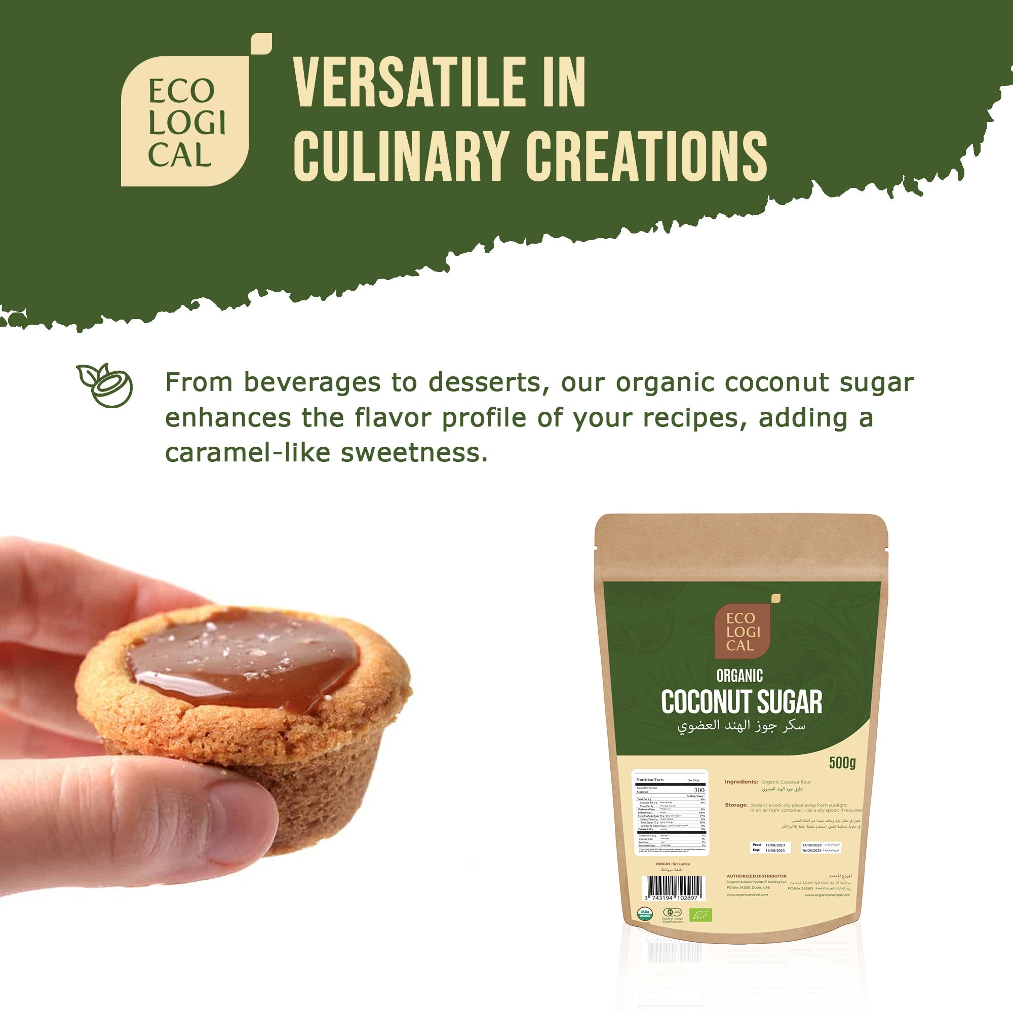 ECOLOGICAL Organic Coconut Sugar, Dark, 500g - Unrefined Sweetener for Healthier Living