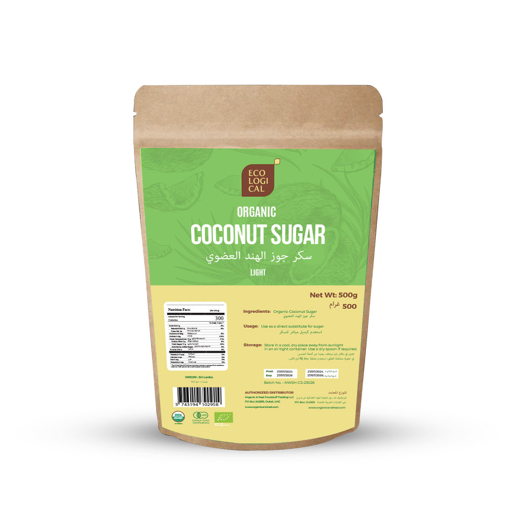ECOLOGICAL Organic Coconut Sugar, Light, 500g - Unrefined Sweetener for Healthier Living