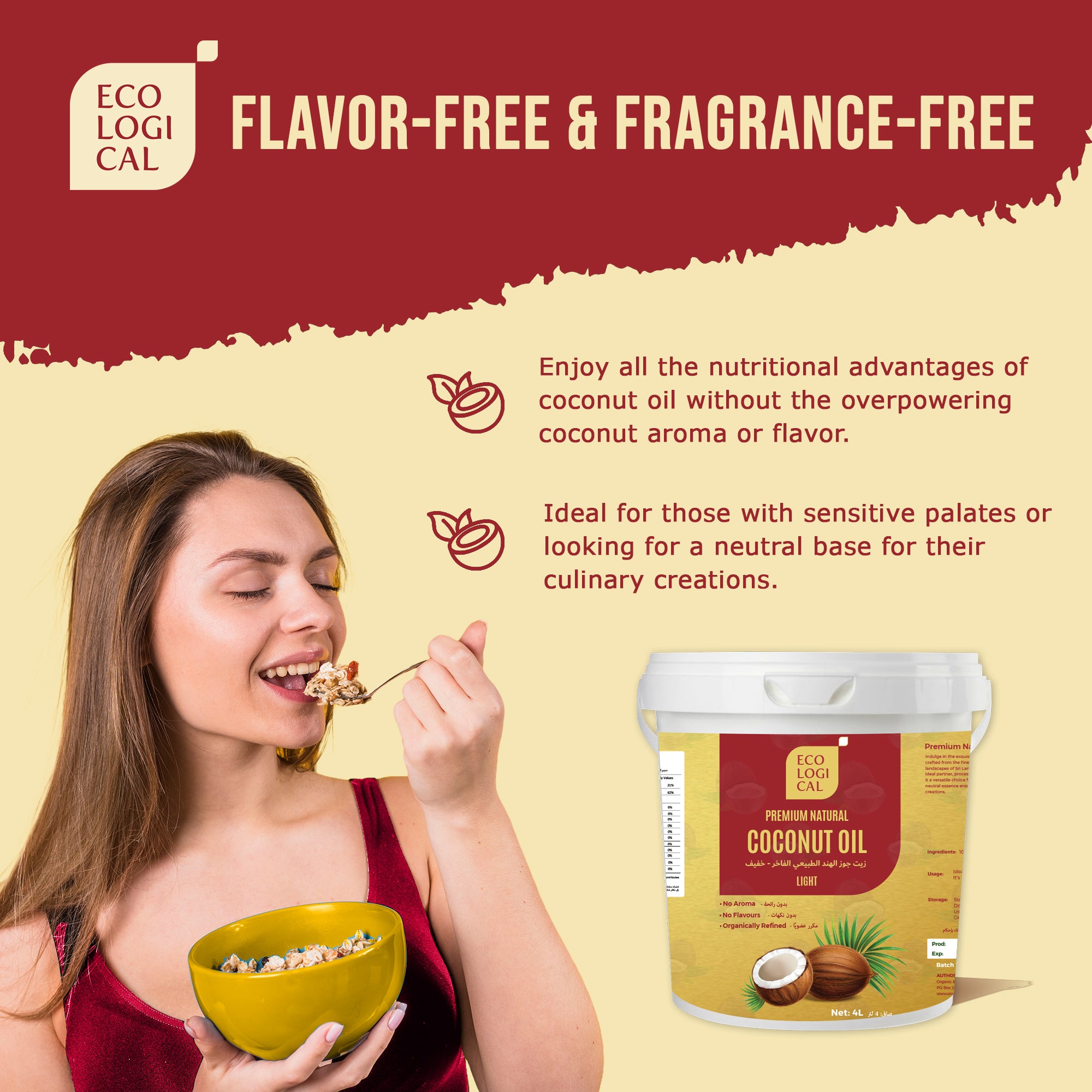 ECOLOGICAL Premium Natural Light Coconut Oil - 4L Tub | Mild, Flavourless, Odourless and Sustainably Sourced