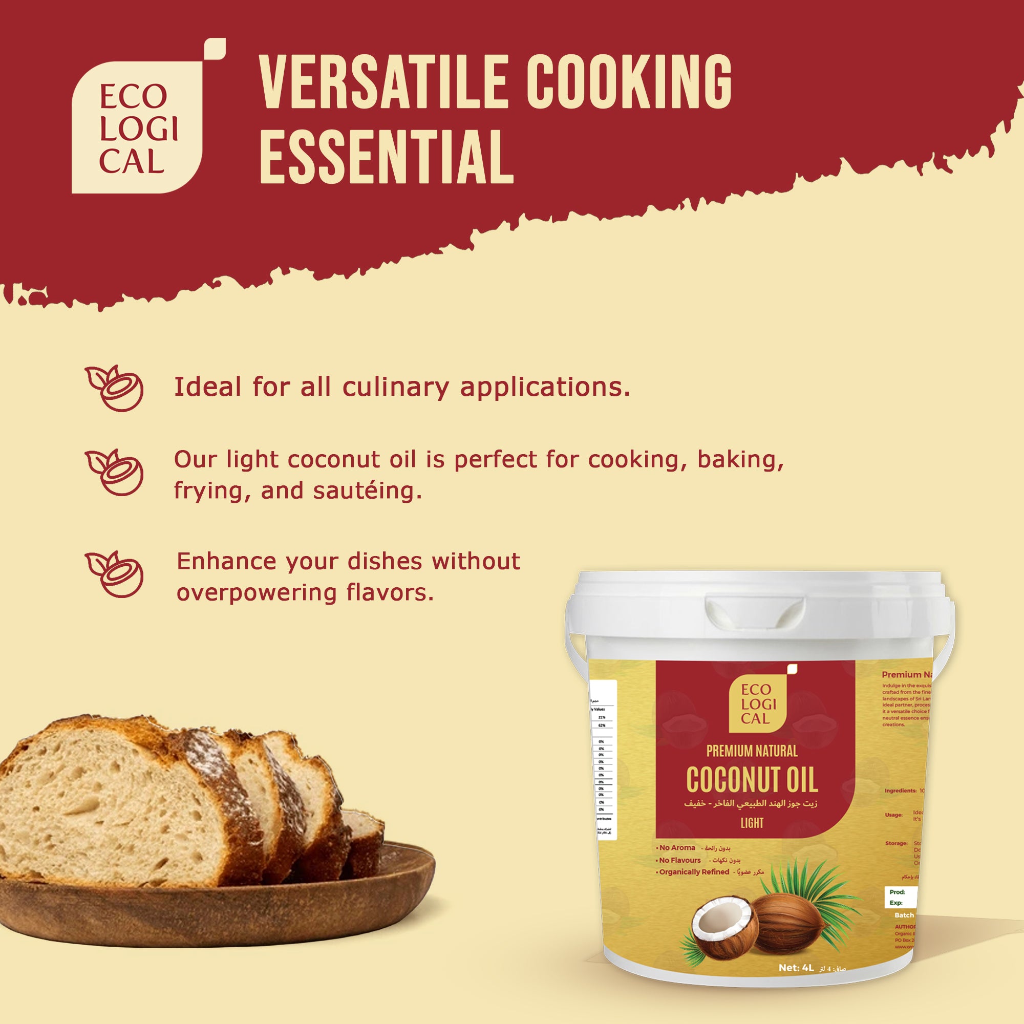 ECOLOGICAL Premium Natural Light Coconut Oil - 4L Tub | Mild, Flavourless, Odourless and Sustainably Sourced