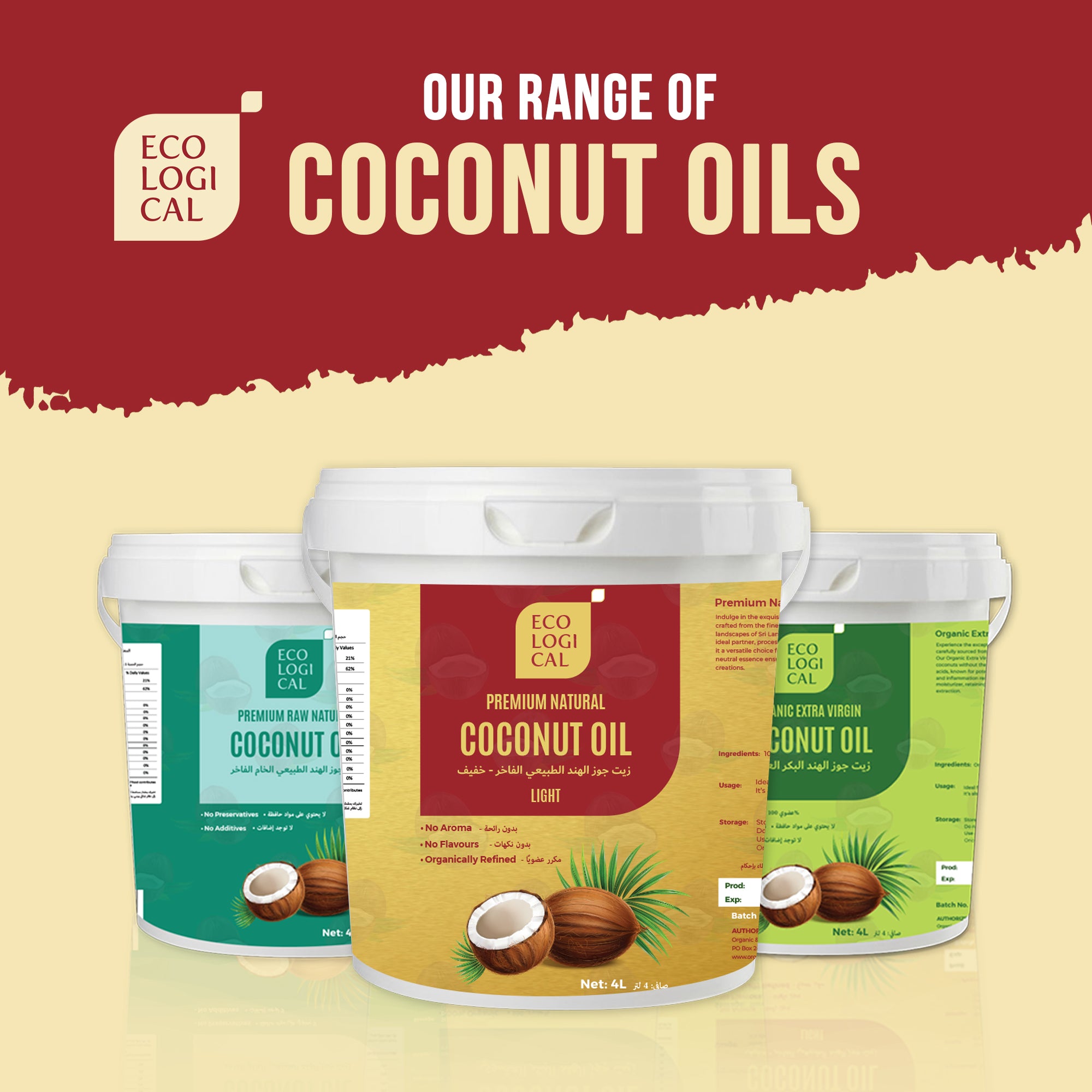ECOLOGICAL Premium Natural Light Coconut Oil - 4L Tub | Mild, Flavourless, Odourless and Sustainably Sourced