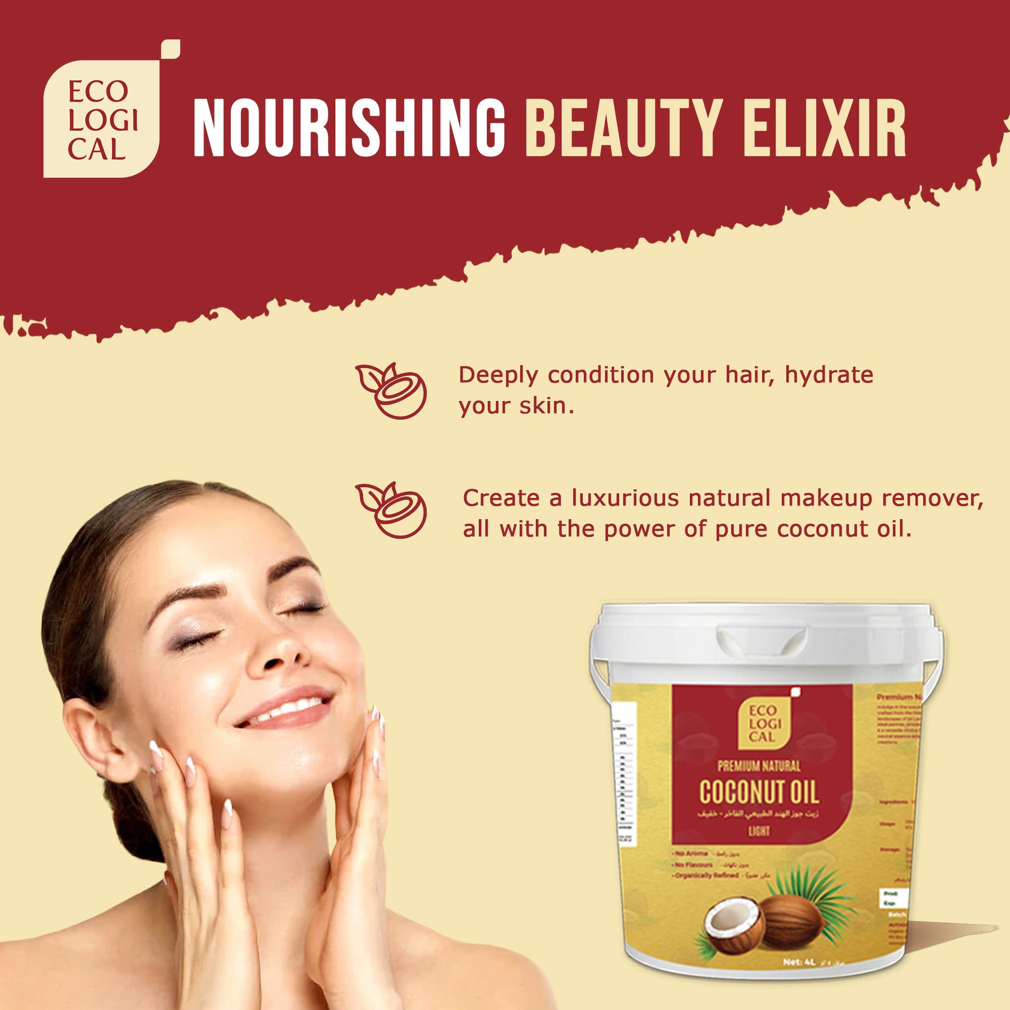 ECOLOGICAL Premium Natural Light Coconut Oil - 4L Tub | Mild, Flavourless, Odourless and Sustainably Sourced