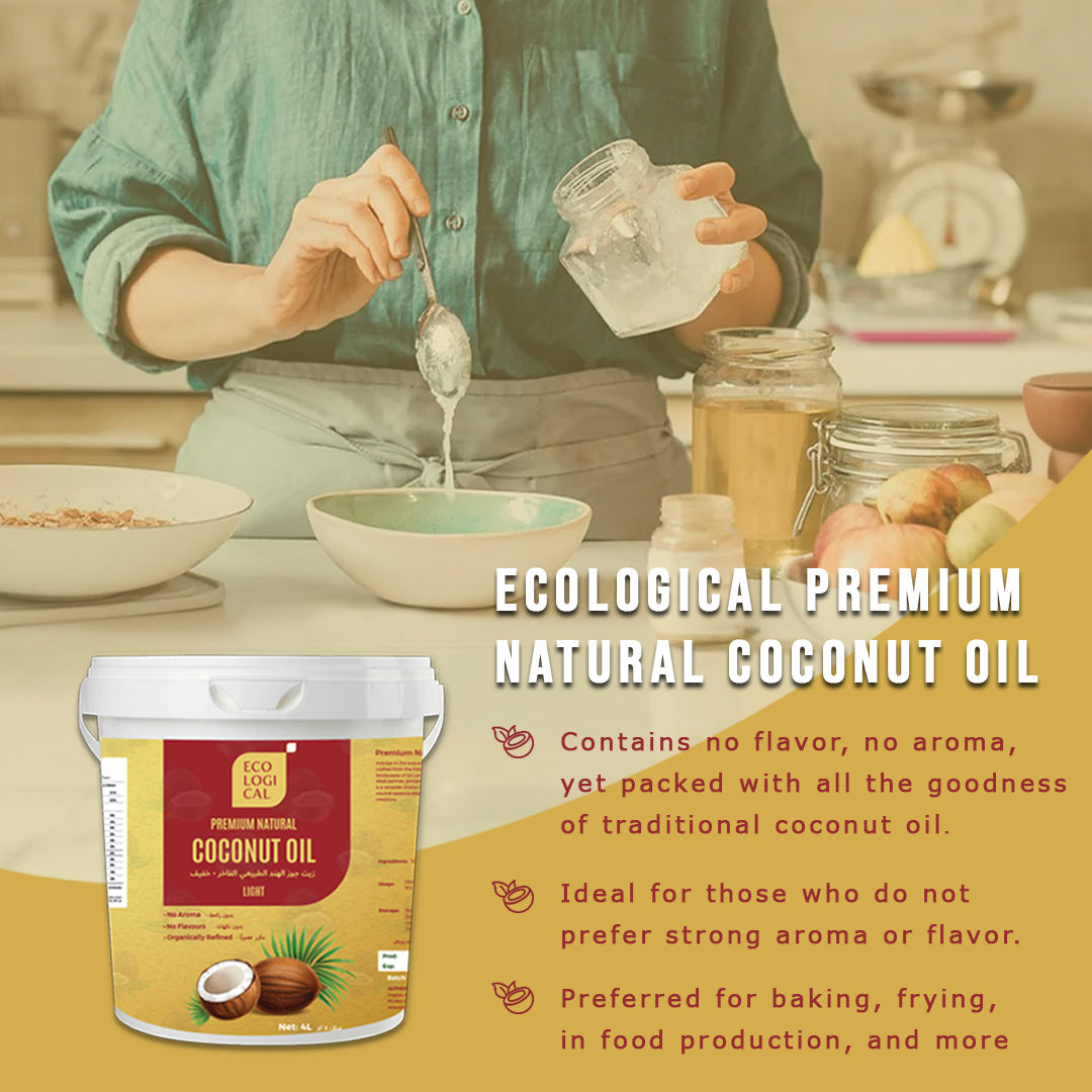 ECOLOGICAL Premium Natural Light Coconut Oil - 4L Tub | Mild, Flavourless, Odourless and Sustainably Sourced