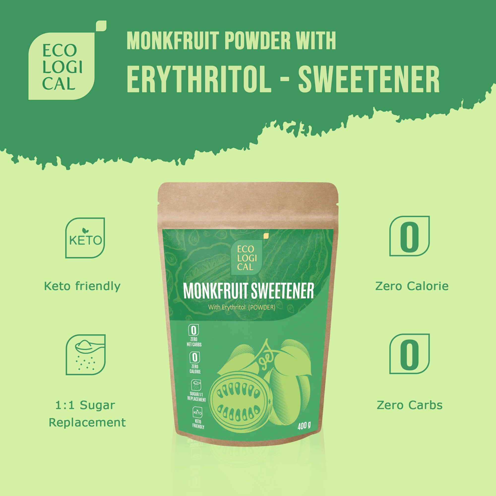 Premium ECOLOGICAL Monkfruit Powder with Erythritol, 400g - Sugar-Free Sweetener for Healthy Living