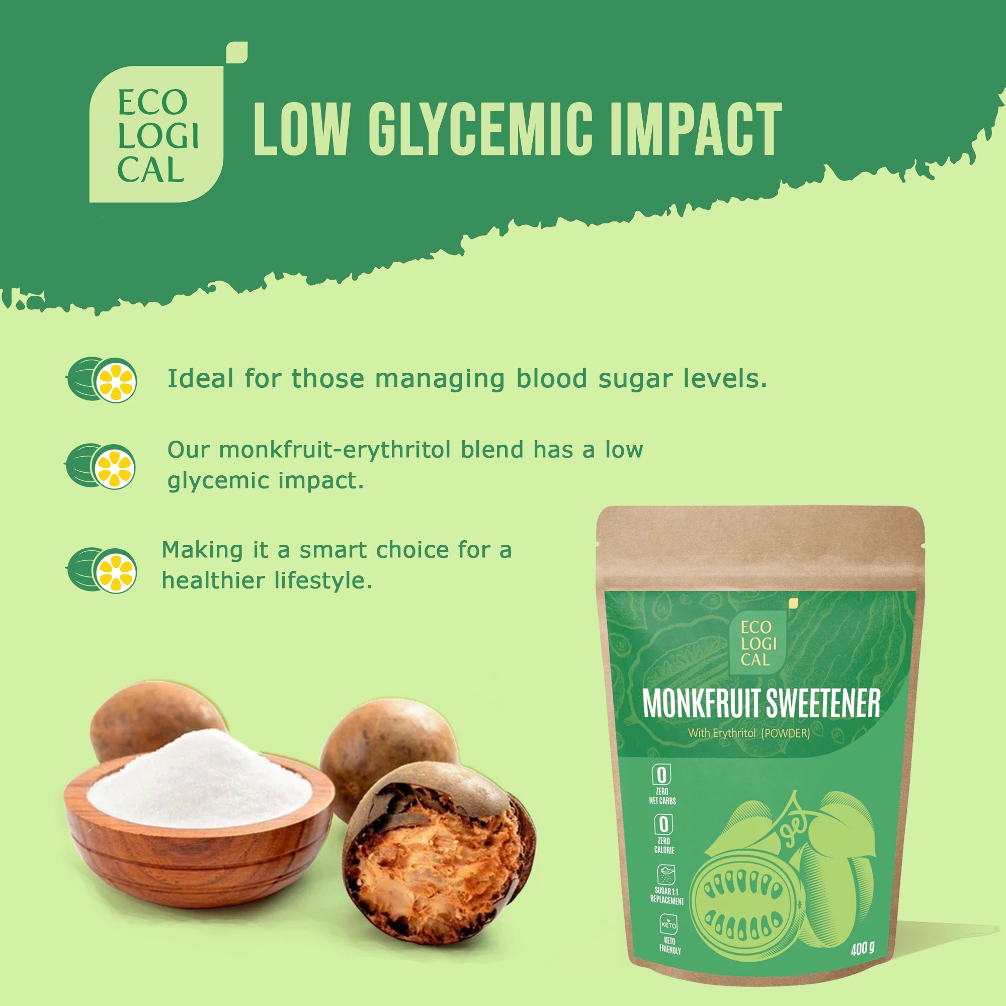 Premium ECOLOGICAL Monkfruit Powder with Erythritol, 400g - Sugar-Free Sweetener for Healthy Living