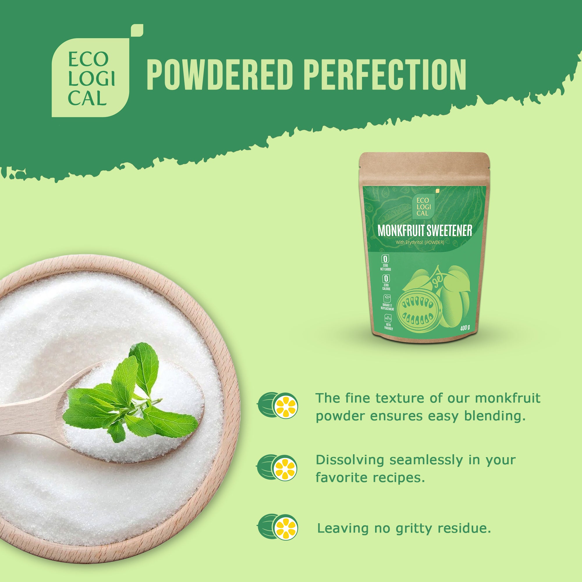Premium ECOLOGICAL Monkfruit Powder with Erythritol, 400g - Sugar-Free Sweetener for Healthy Living