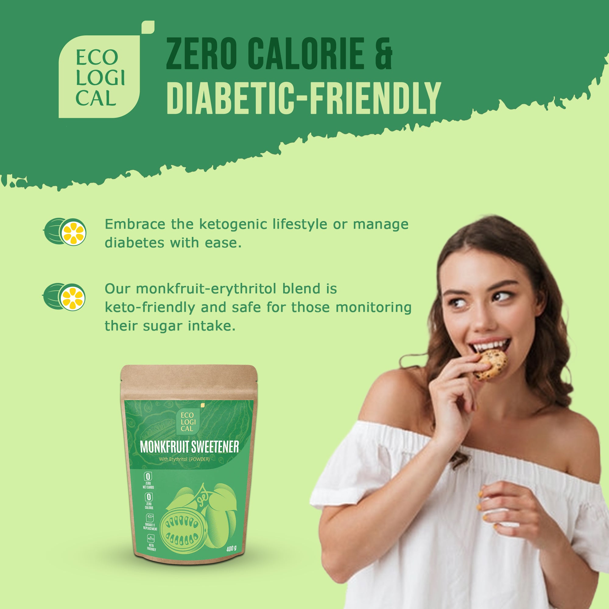 Premium ECOLOGICAL Monkfruit Powder with Erythritol, 400g - Sugar-Free Sweetener for Healthy Living