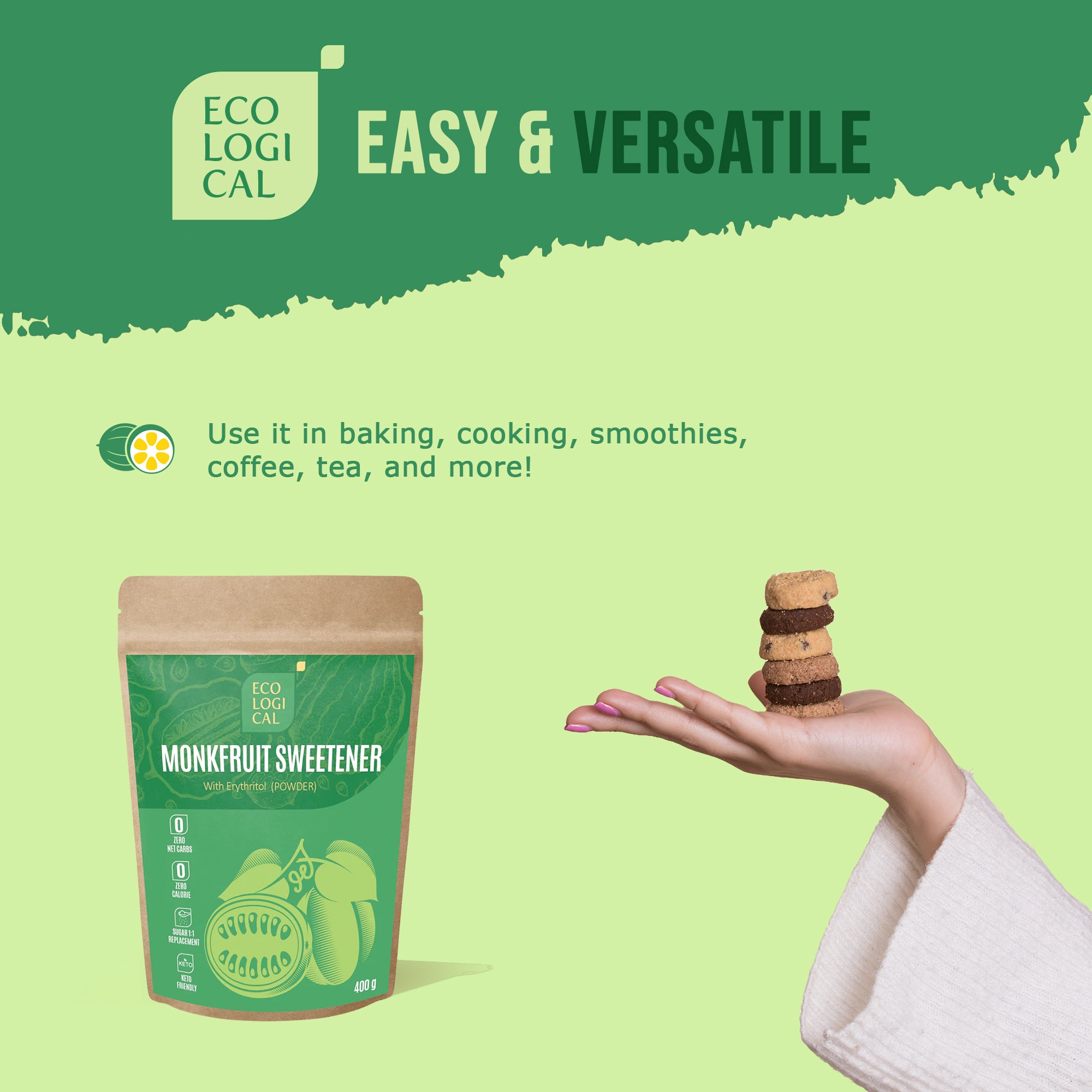 Premium ECOLOGICAL Monkfruit Powder with Erythritol, 400g - Sugar-Free Sweetener for Healthy Living