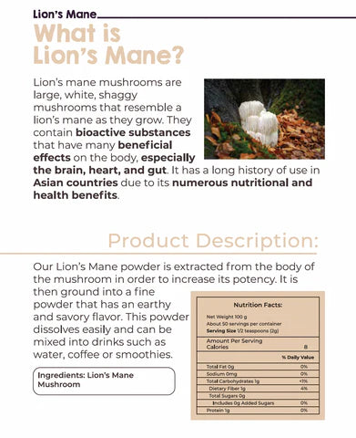 LIVSMART Organic Lion's Mane, Pure Mushroom Extract Powder, 100g - Organic, Vegan, Gluten Free