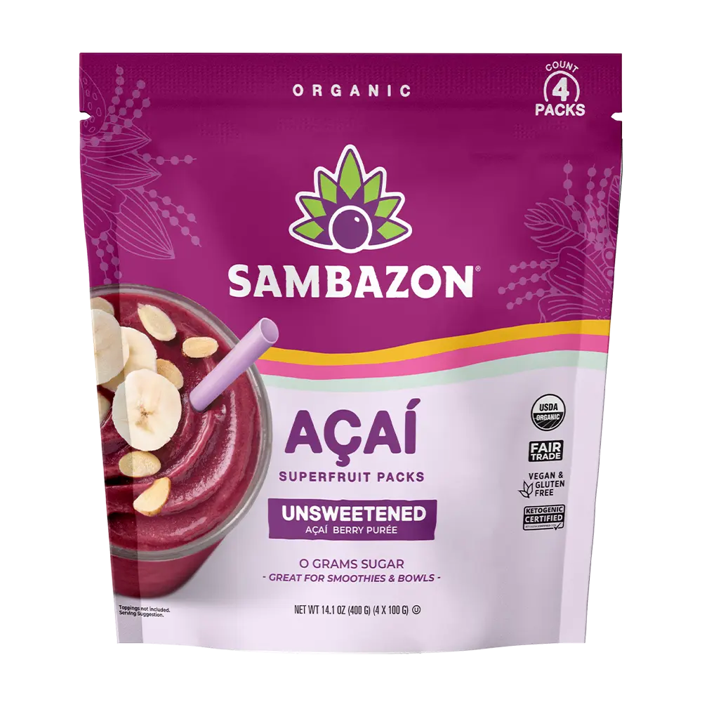 SAMBAZON Organic Pure Unsweetened Acai Smoothie, 4 x 100g