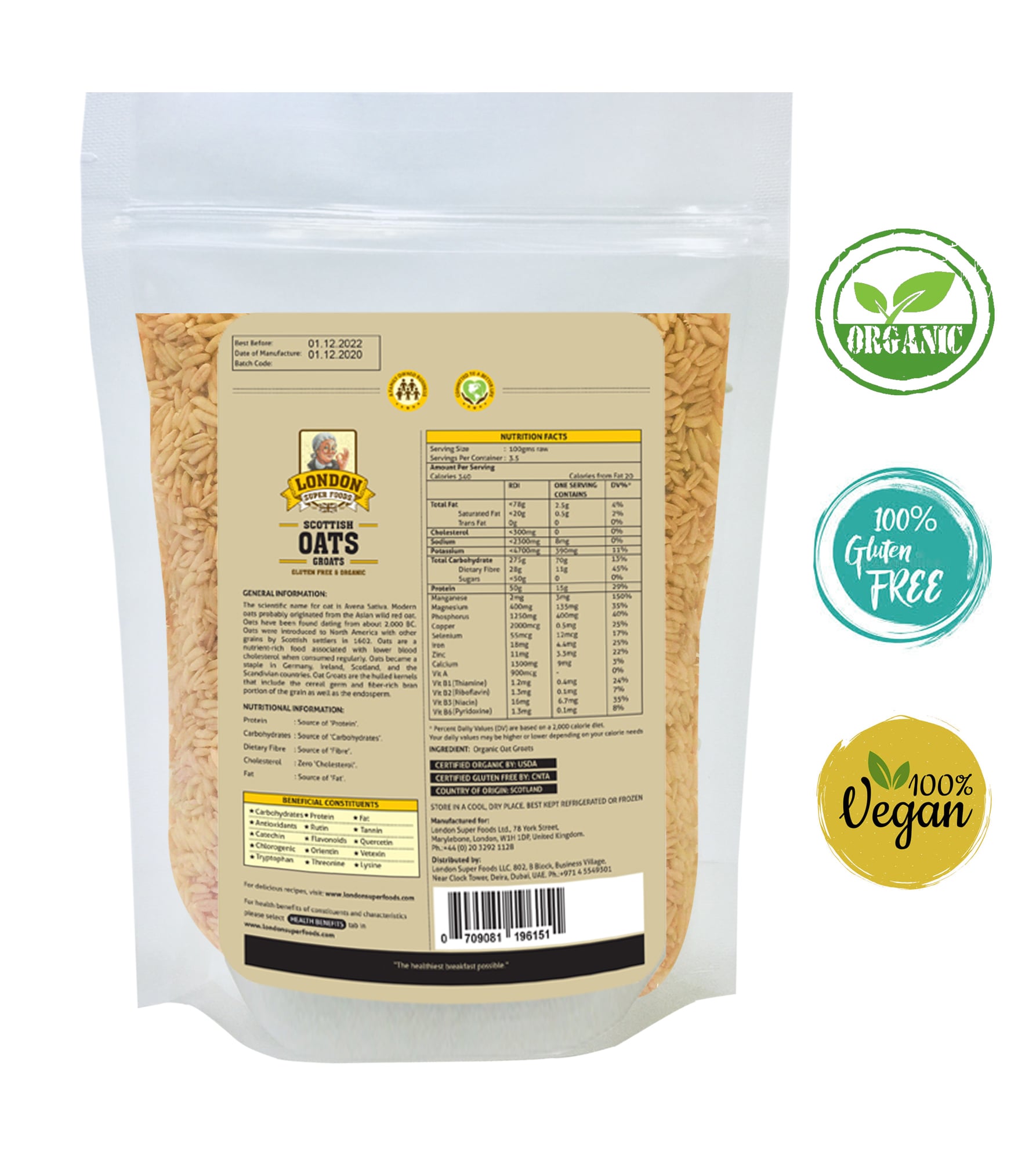 LONDON SUPER FOODS Organic Scottish Oats Groats, 350g