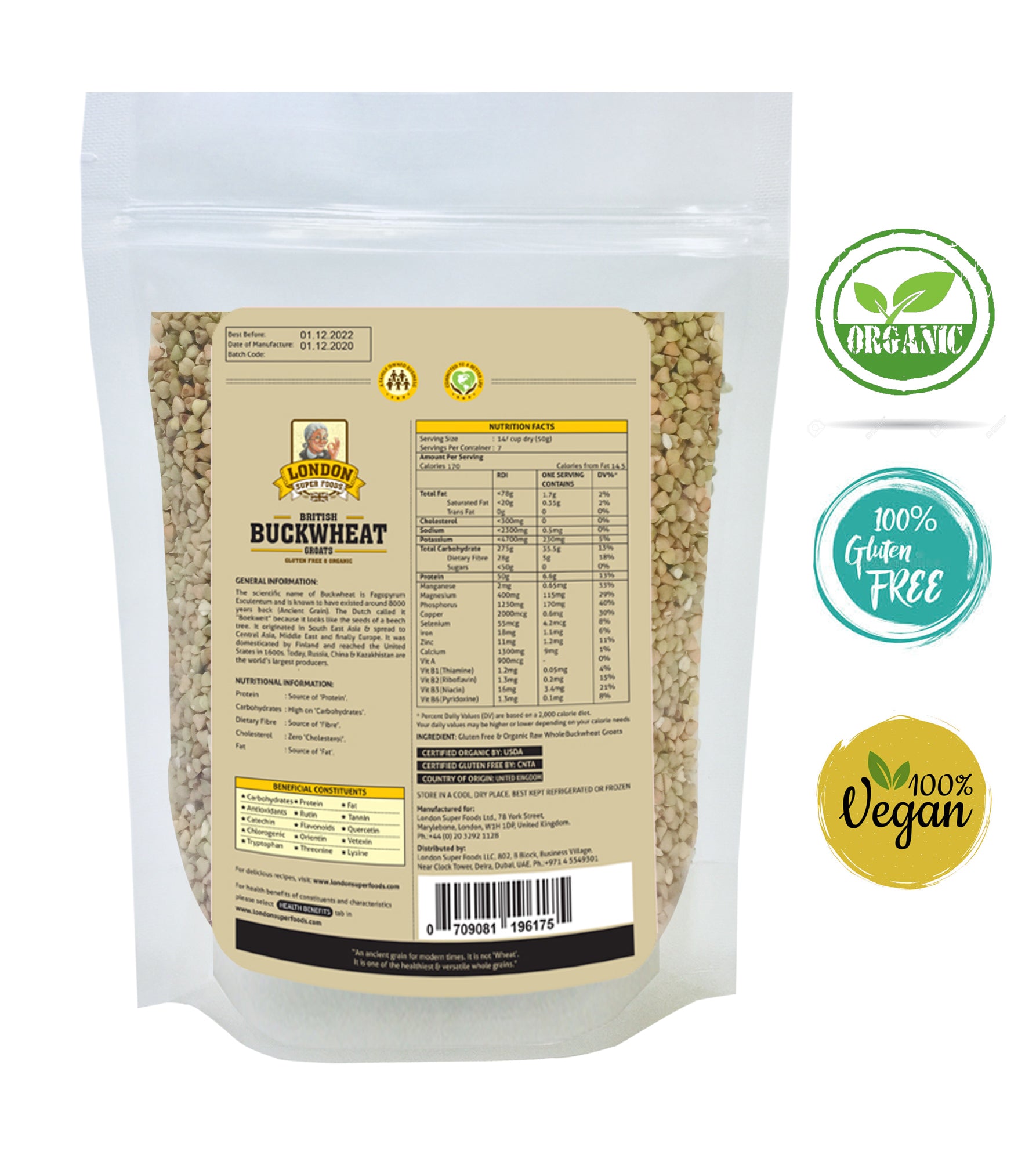 LONDON SUPER FOODS Organic British Buckwheat Groats, 350g