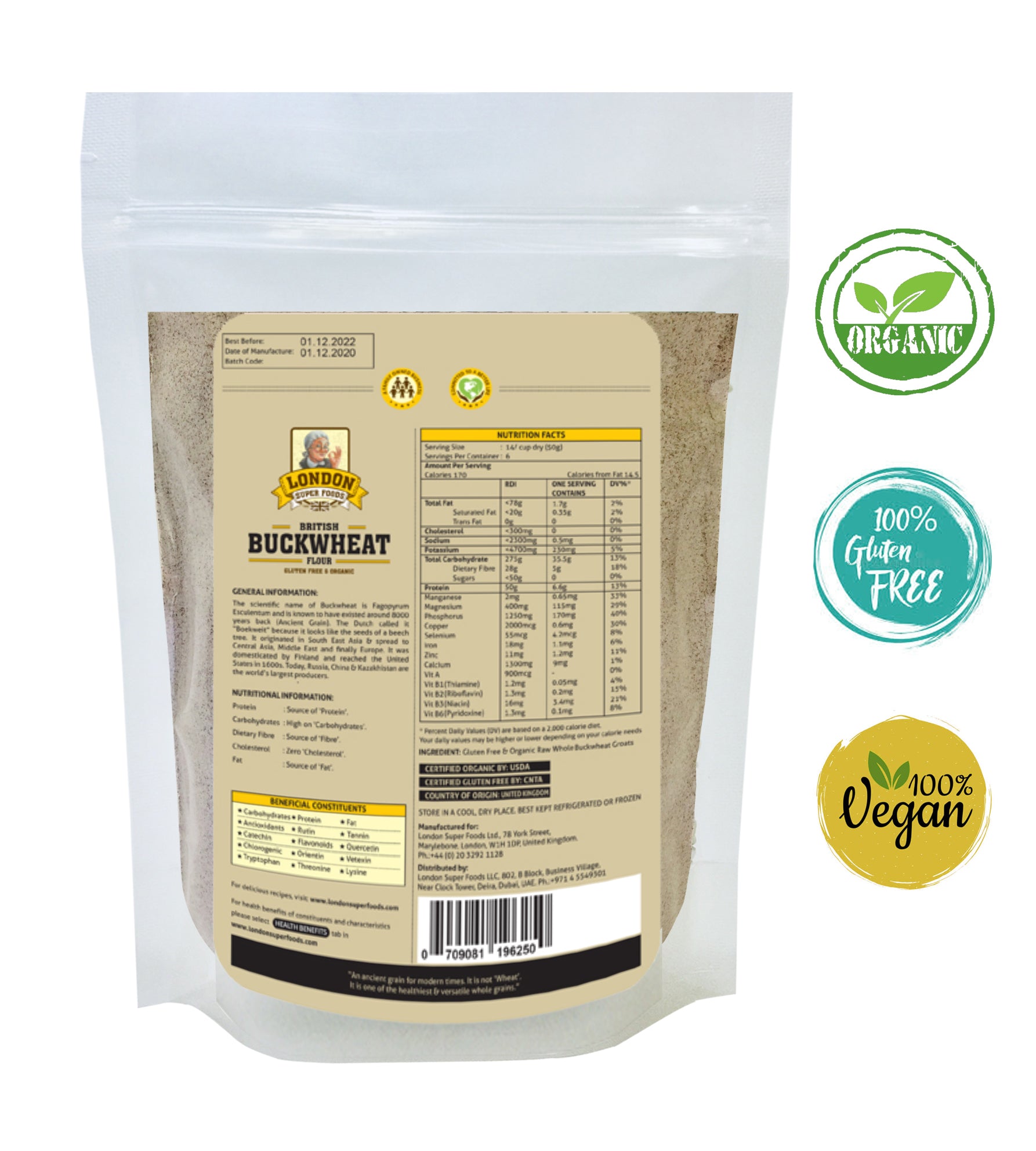 LONDON SUPER FOODS Organic British Buckwheat Flour, 300g