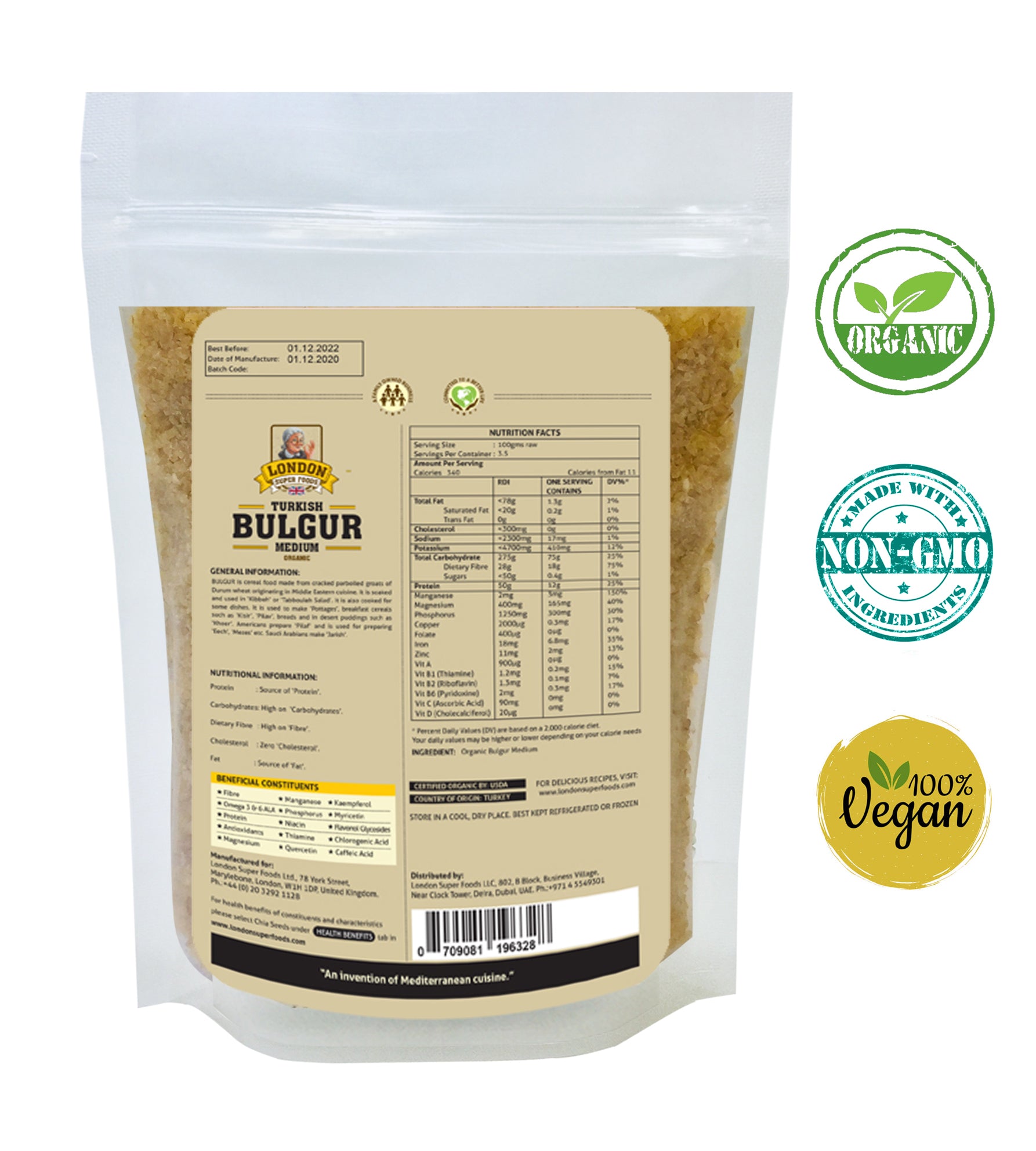 LONDON SUPER FOODS Organic Turkish Bulgur Medium, 350g