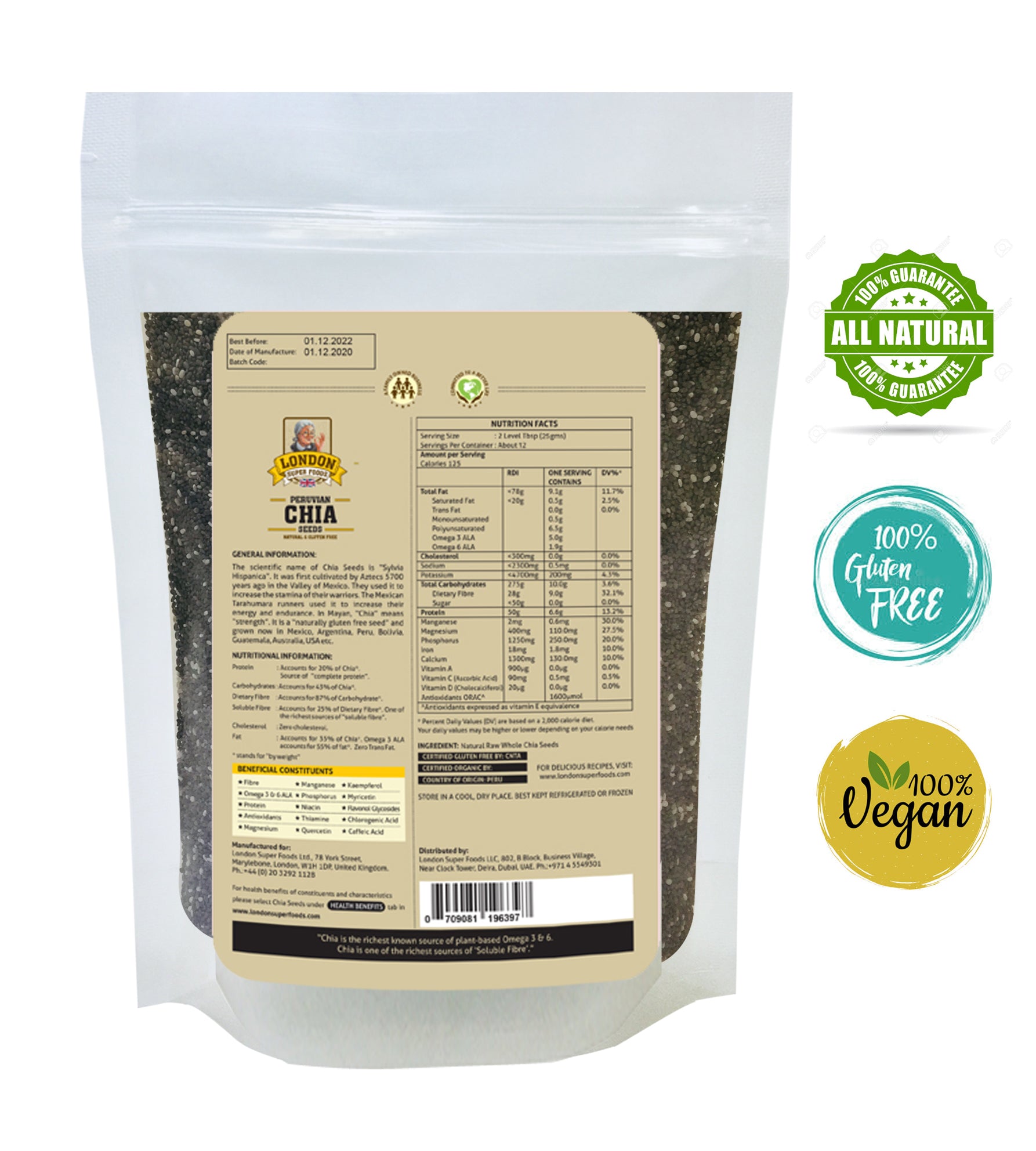 LONDON SUPER FOODS Peruvian Natural Chia Seeds, 300g