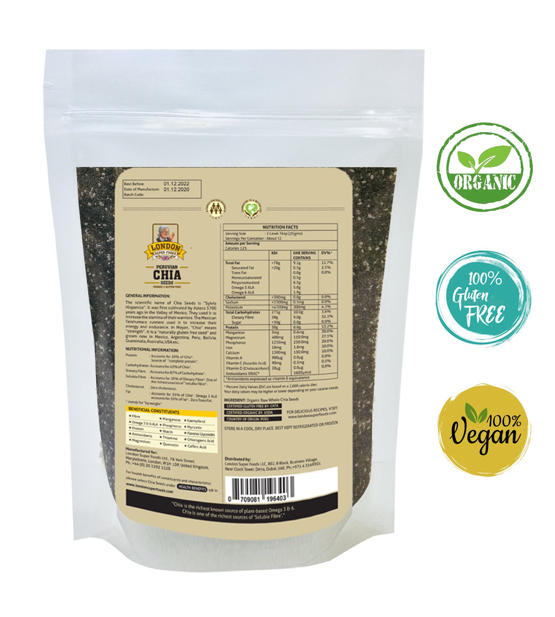 LONDON SUPER FOODS Organic Peruvian Chia Seeds, 300g- Gluten Free