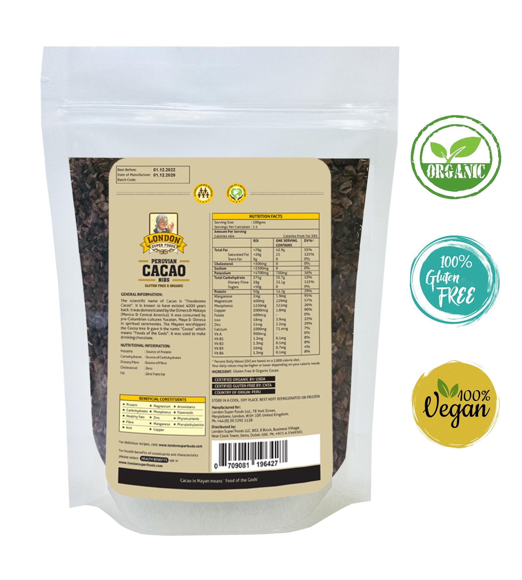 LONDON SUPER FOODS Organic Peruvian Cacao Nibs, 250g