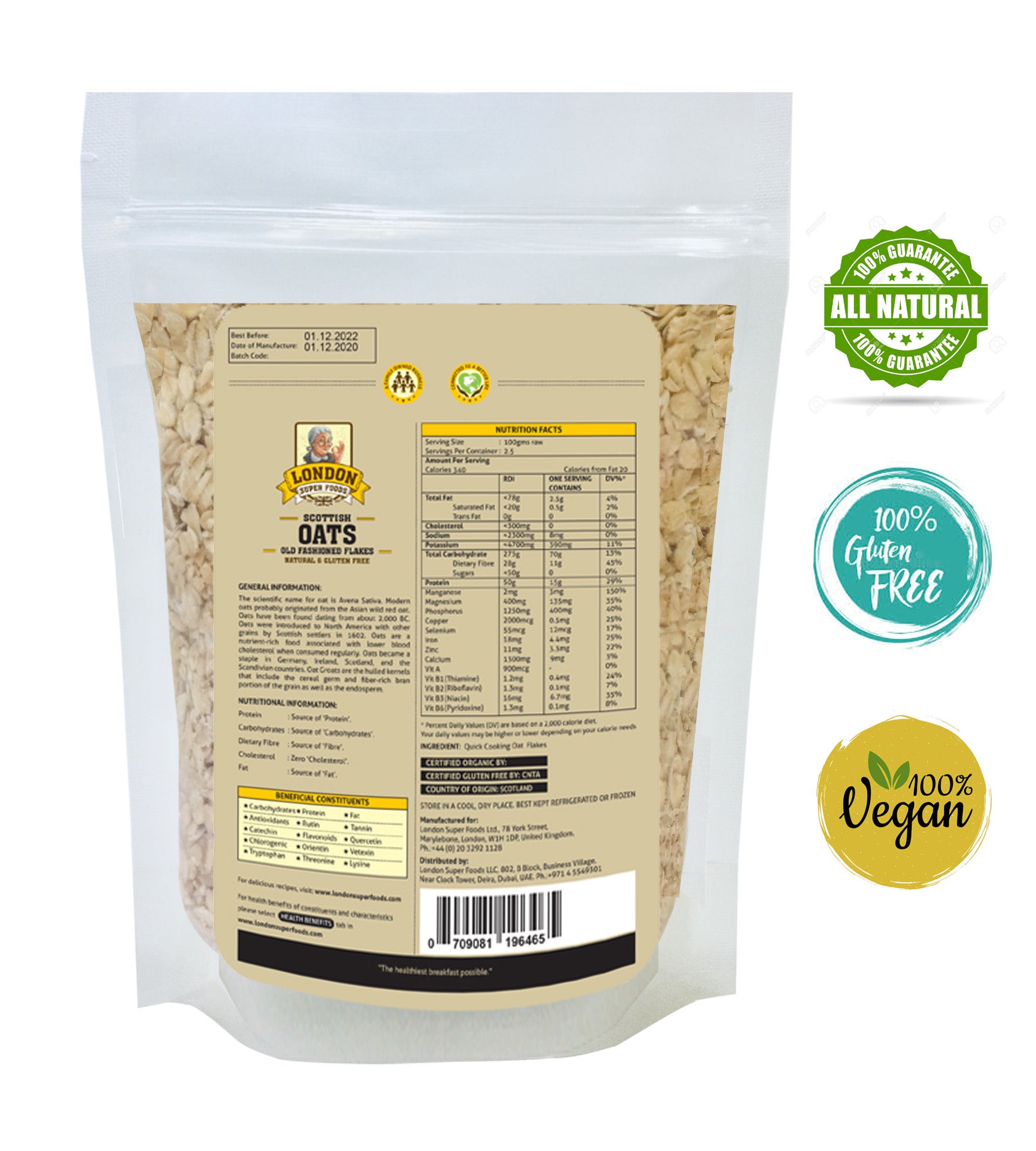 LONDON SUPER FOODS Scottish Natural Rolled Oats, 250g