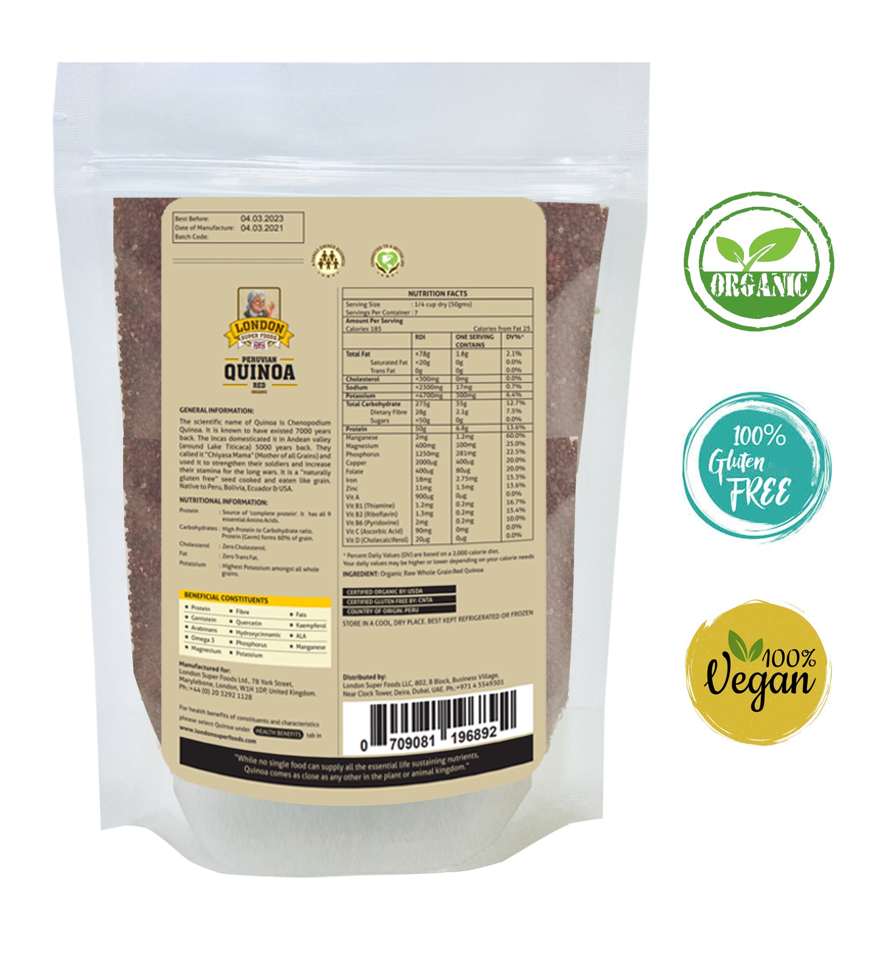 LONDON SUPER FOODS Peruvian Organic Red Quinoa, 350g - Gluten Free