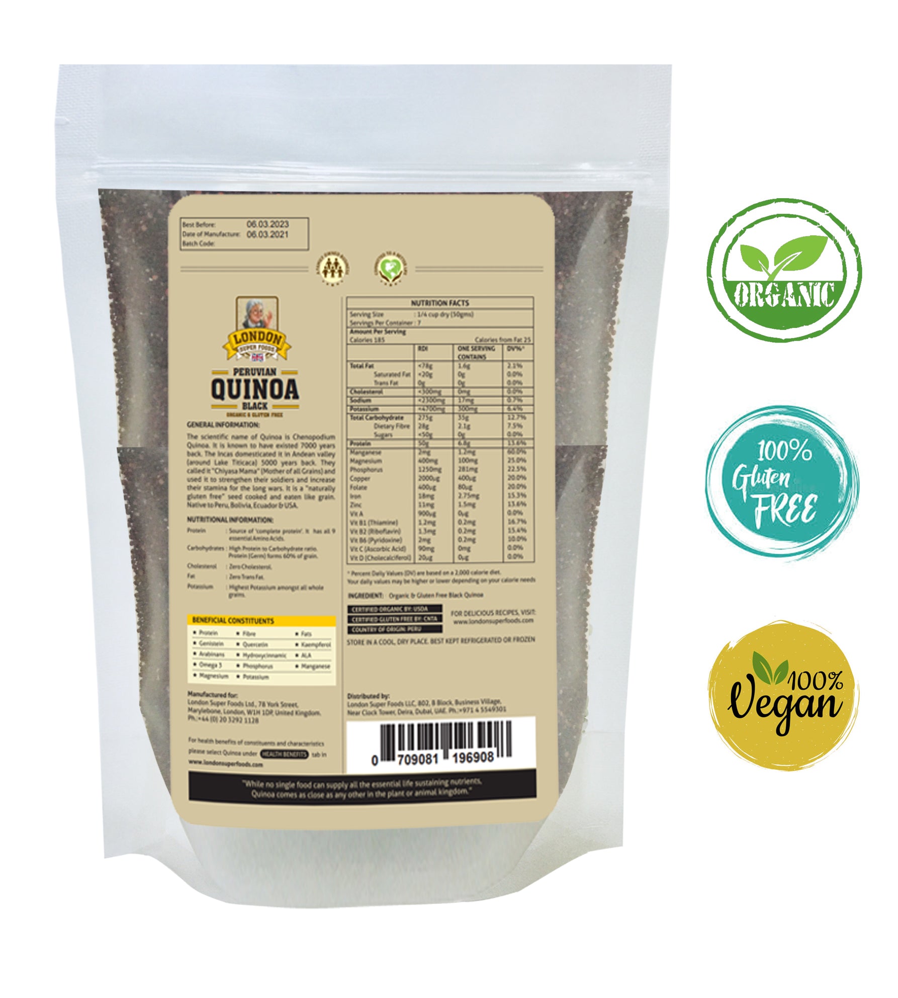 LONDON SUPER FOODS Peruvian Organic Black Quinoa, 350g - Gluten Free