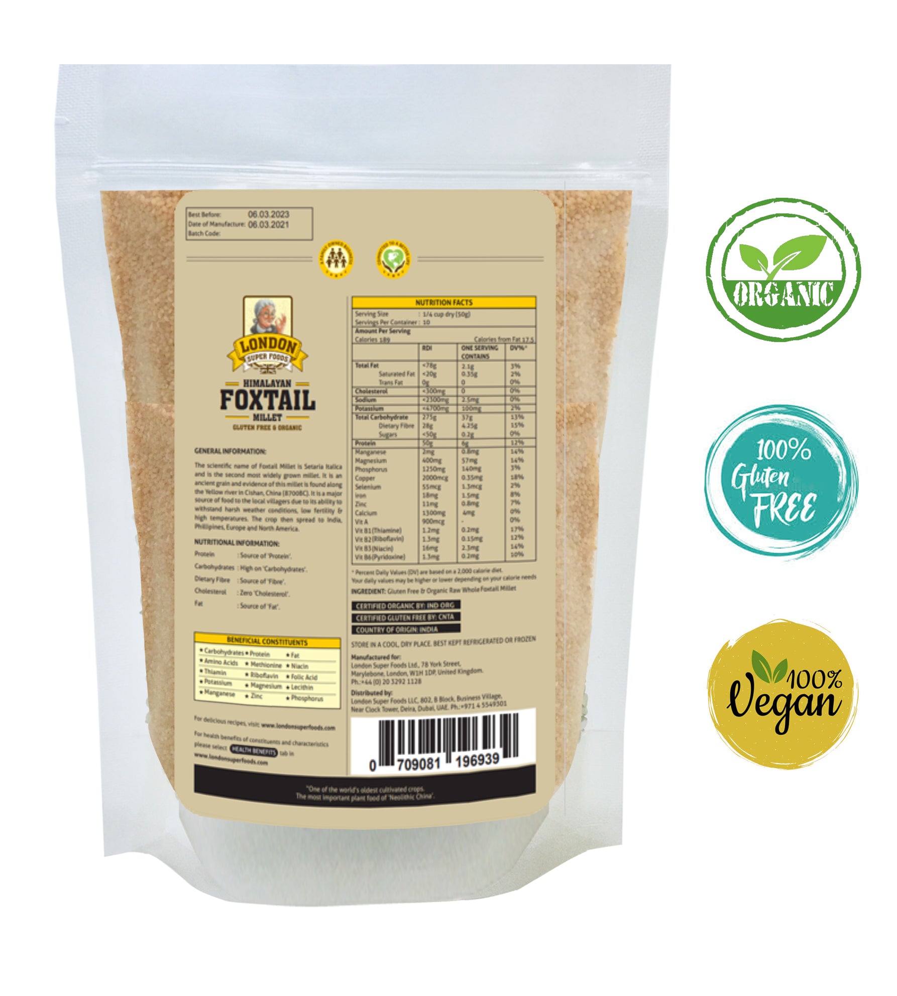 LONDON SUPER FOODS Himalayan Organic Foxtail Millet, 350g - Gluten Free