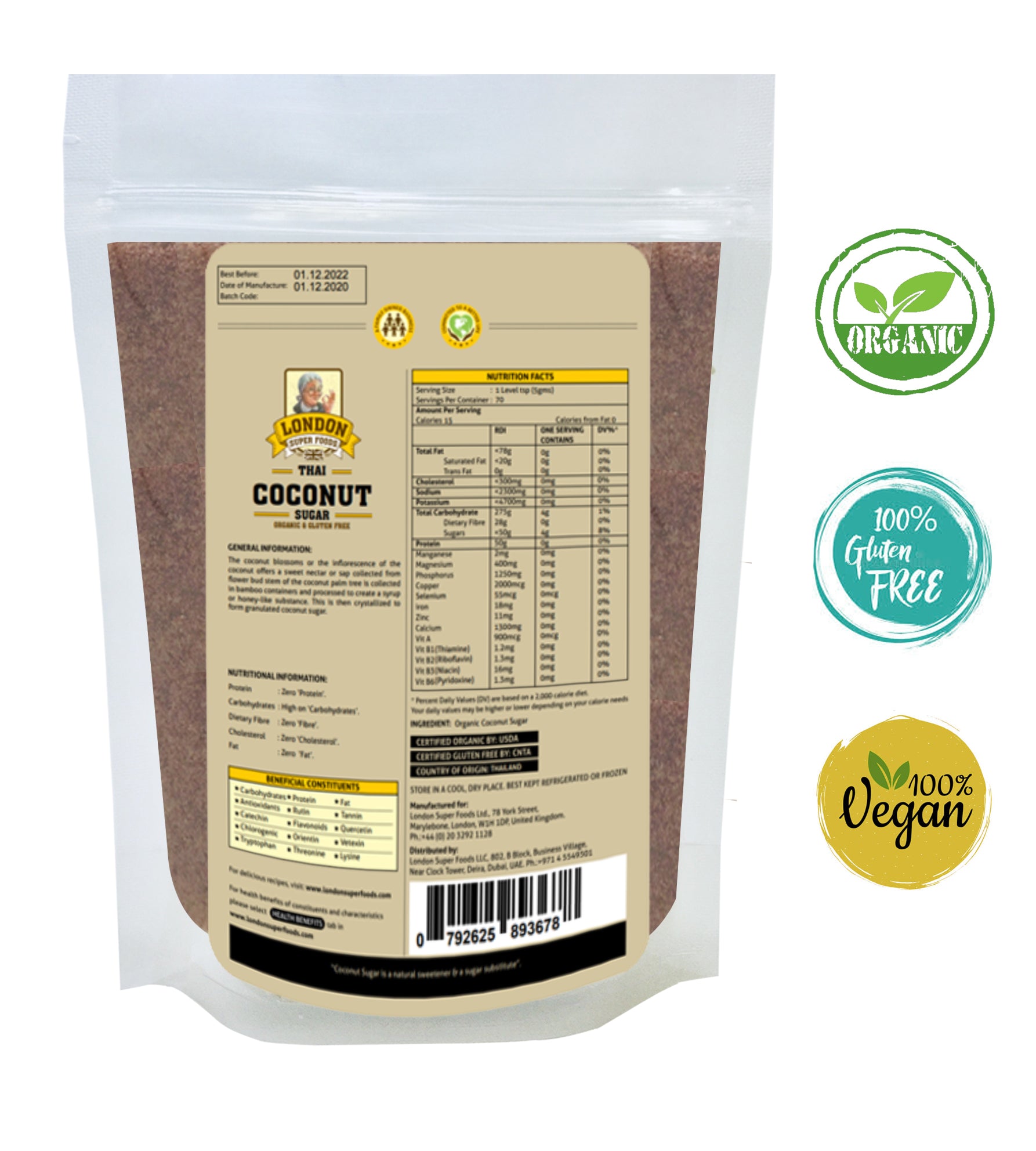 LONDON SUPER FOODS Thai Organic Coconut Sugar, 350g - Gluten Free