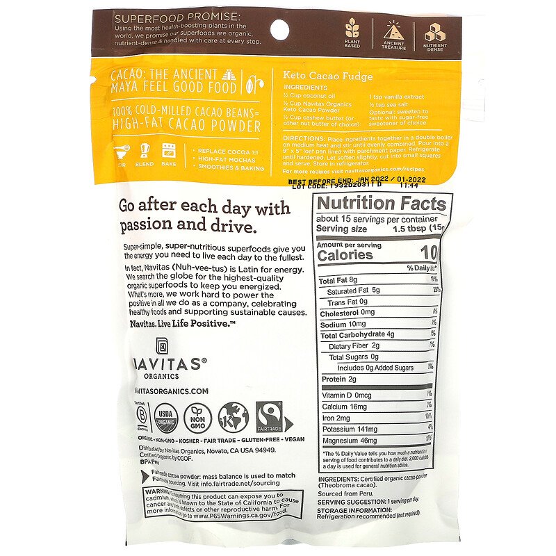 NAVITAS ORGANICS Keto Cacao Powder, 227g
