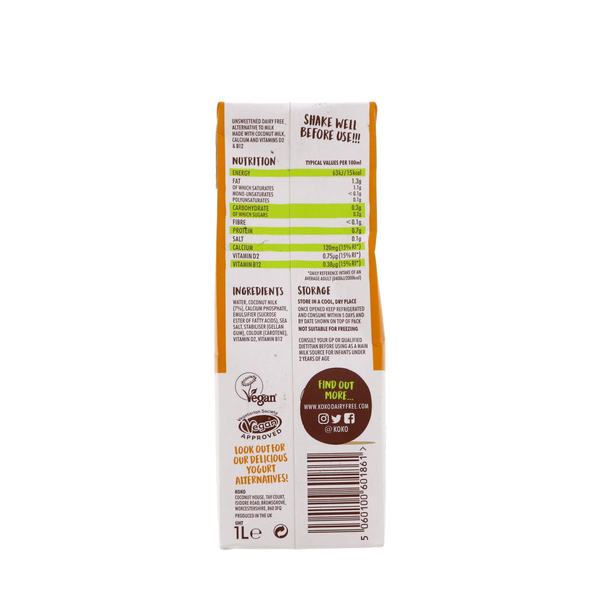 KOKO Dairy Free Coconut Unsweetened Milk, 1Ltr